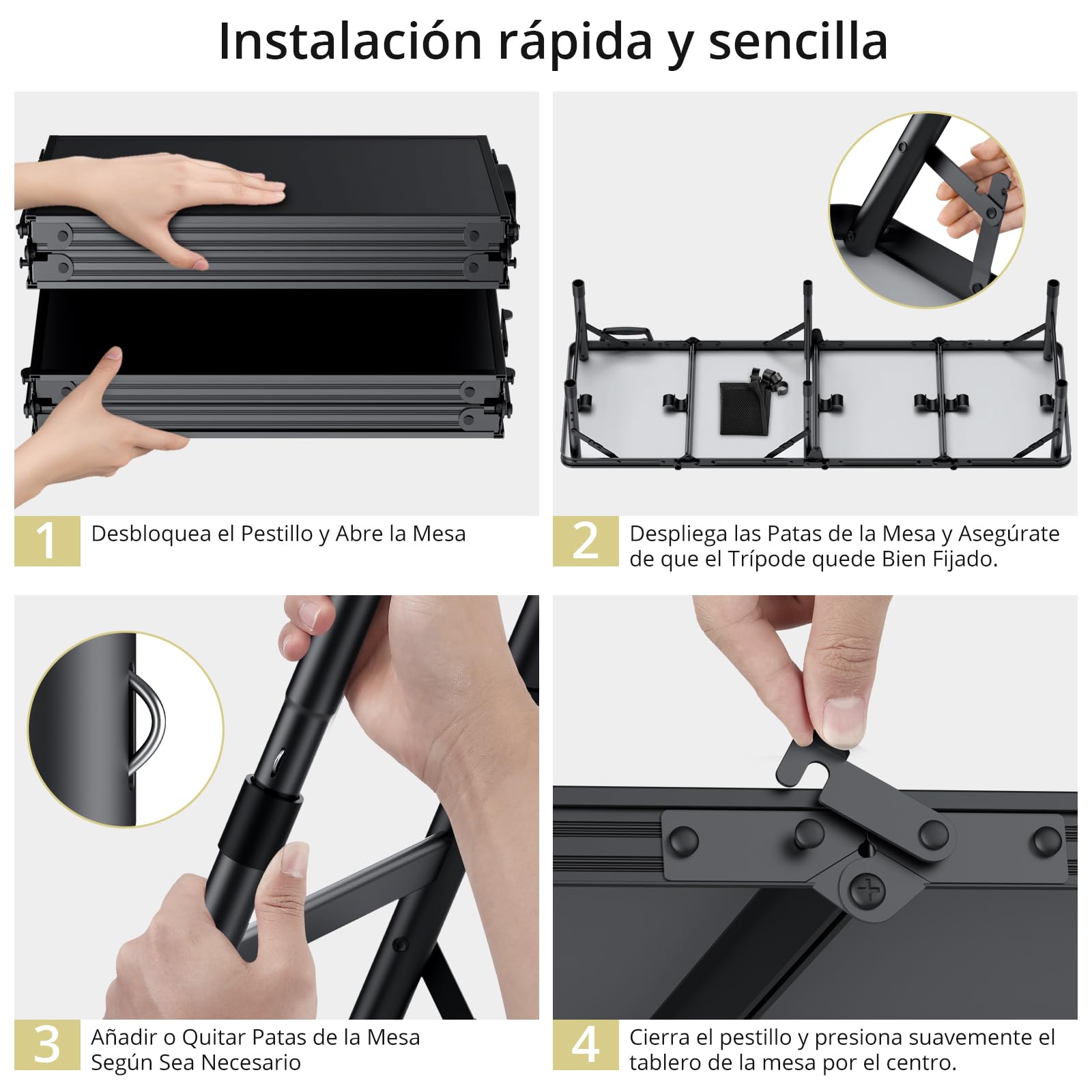 Anbte Mesa Plegable Camping 116 x 40 x 26/48/70cm Ajustable Altura Negro | con Red de Almacenamiento Mesas de Acampad Portátil Mesa Playa Aluminio Impermeable Negro para Terraza Playa Exterior BBQ