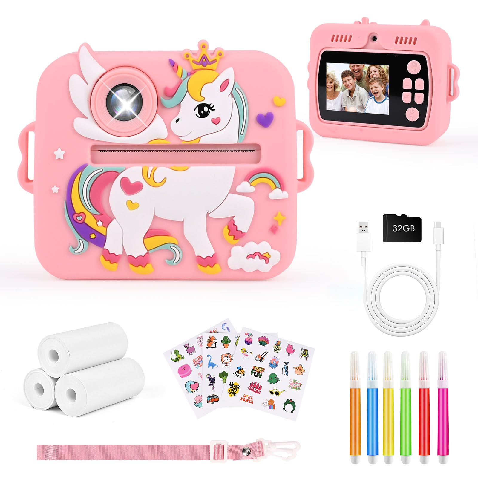 Camara Fotos Infantil, 1080P HD Cámara Digital para Niños con 2,4 Pulgadas & Tarjeta 32 GB, Kids Camera con 3 Rollos de Papel de Impresión, Regalo para Niños y Niñas de 3-12 Años(Rosa)