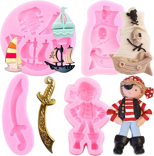 Mujiang Moldes de silicona pirata, molde de fondant para barco pirata, molde de velero, molde de chocolate para decoración de tartas, decoración de