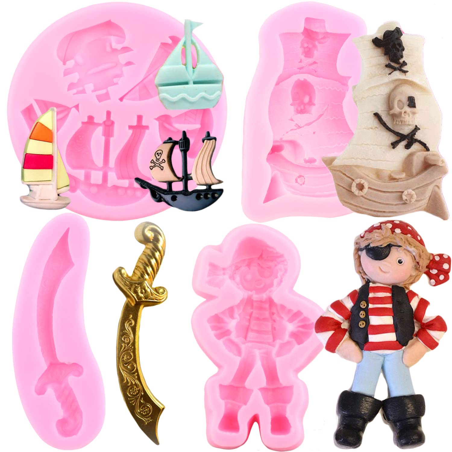 Mujiang Pirate Silicone Molds Pirate Ship Fondant Mold Sailboat Mold Sword Chocolate Mold For Cake Decorating Cupcake Topper Candy Polymer Clay Gum Paste Set Of 4