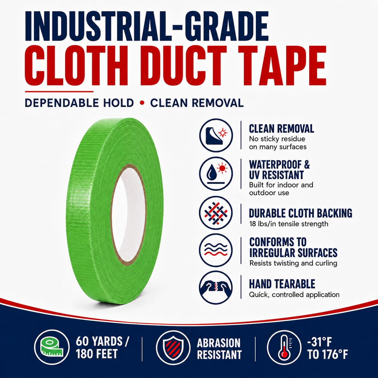 Cinta adhesiva T.R.U. CDT-36 de grado industrial. Resistente al agua y a los rayos UV. Varios colores disponibles. 60 yardas. (verde claro, 1 pulgada).