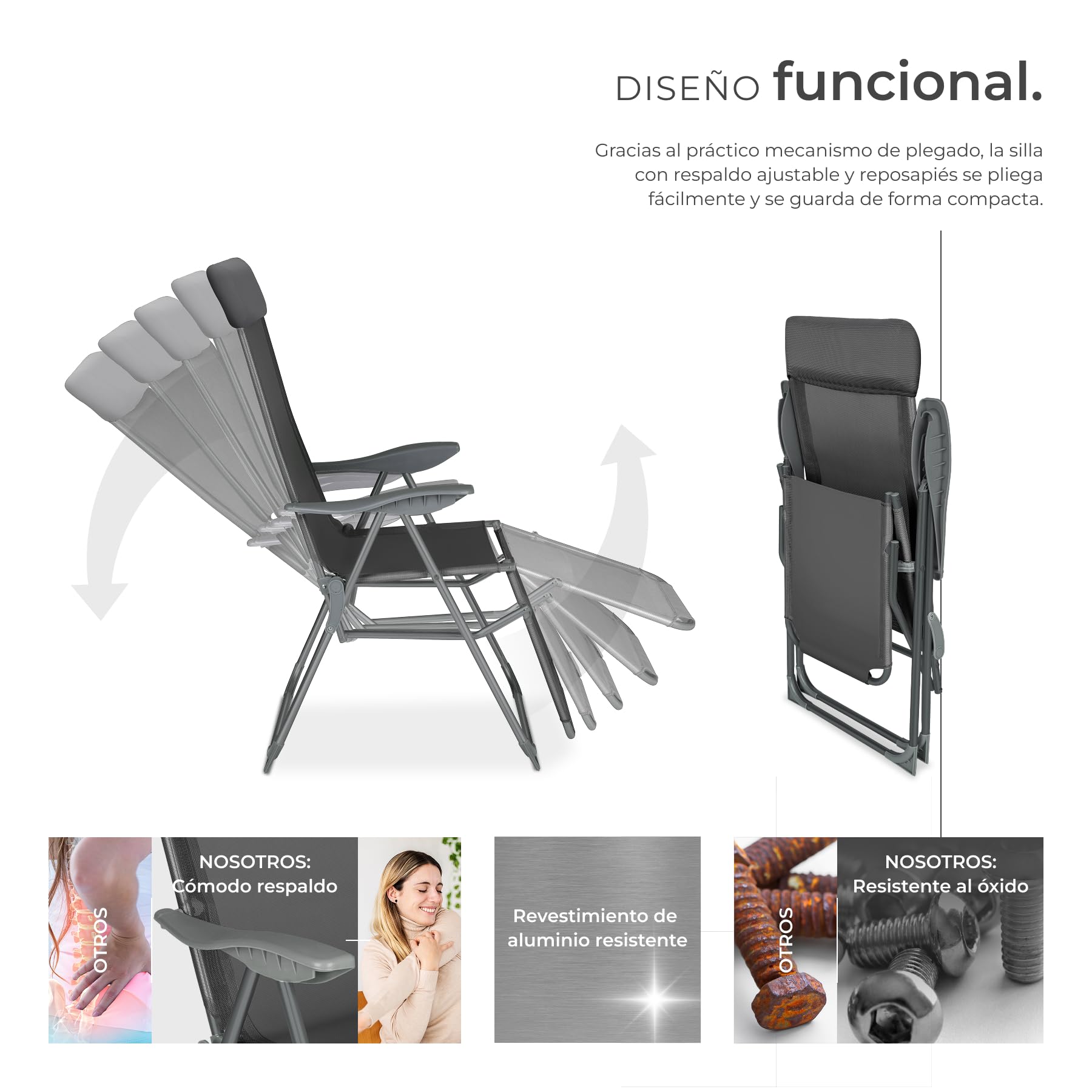 tectake® Conjunto Sillas Jardín Exterior de Aluminio, Respaldo Regulable y Reposacabezas, Conjunto Sillas Terraza Resistentes a Intemperie, Transpirable - 2 Tumbonas Antracita