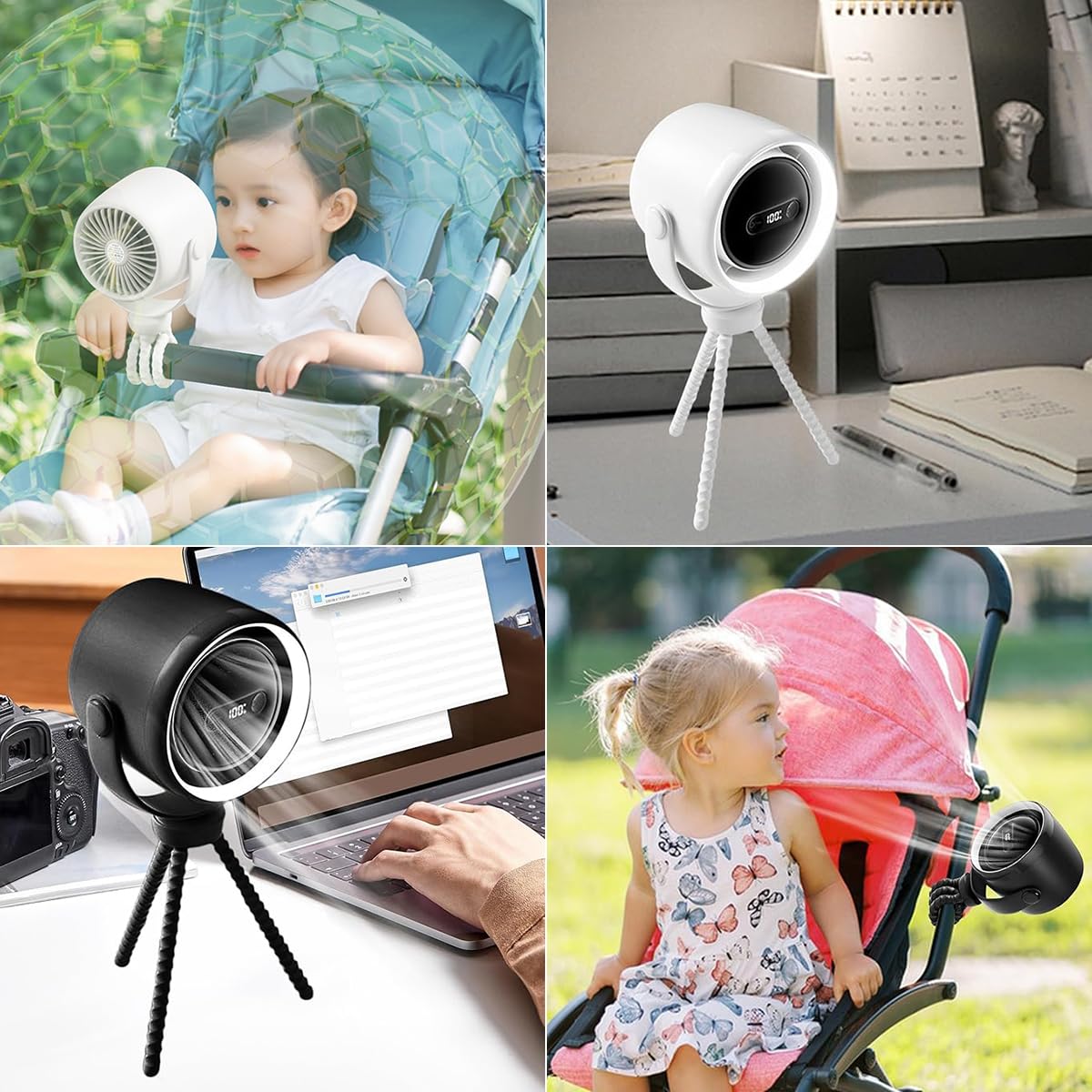 Petit Ventilateur de Poussette pour Bébé, Portable Ventilateur à Main/ de Bureau/ à Clip Silencieux Rechargeable USB pour Voiture Vélo Voyage BBQ, Rotation à 360°, 100 Vitesses, Veilleuse LED Black