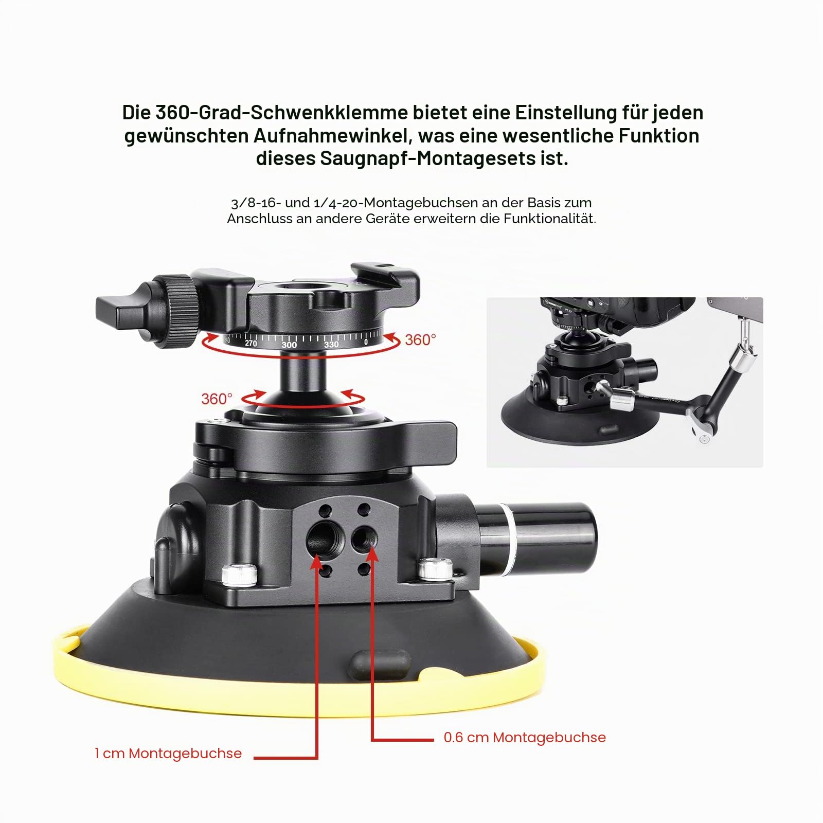 SUNWAYFOTO BS-01 Saugnapfhalterung Kugelkopf für DSLR-Kamera, Handyhalterung, GoPro für Auto, Traglast 10 kg