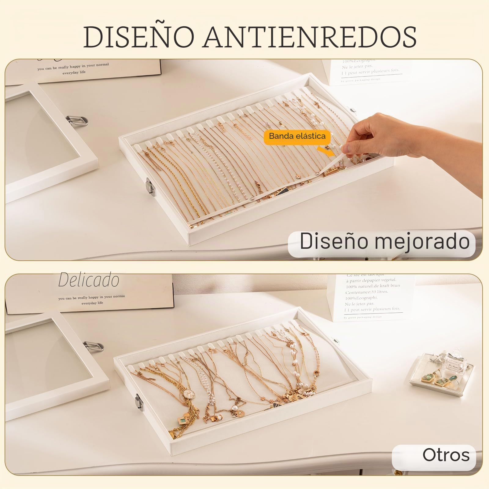 Lolalet Bandeja Organizadora para Collares con Tapa, 18 ganchos para Joyas Caja de Almacenamiento para Cajón -Beige