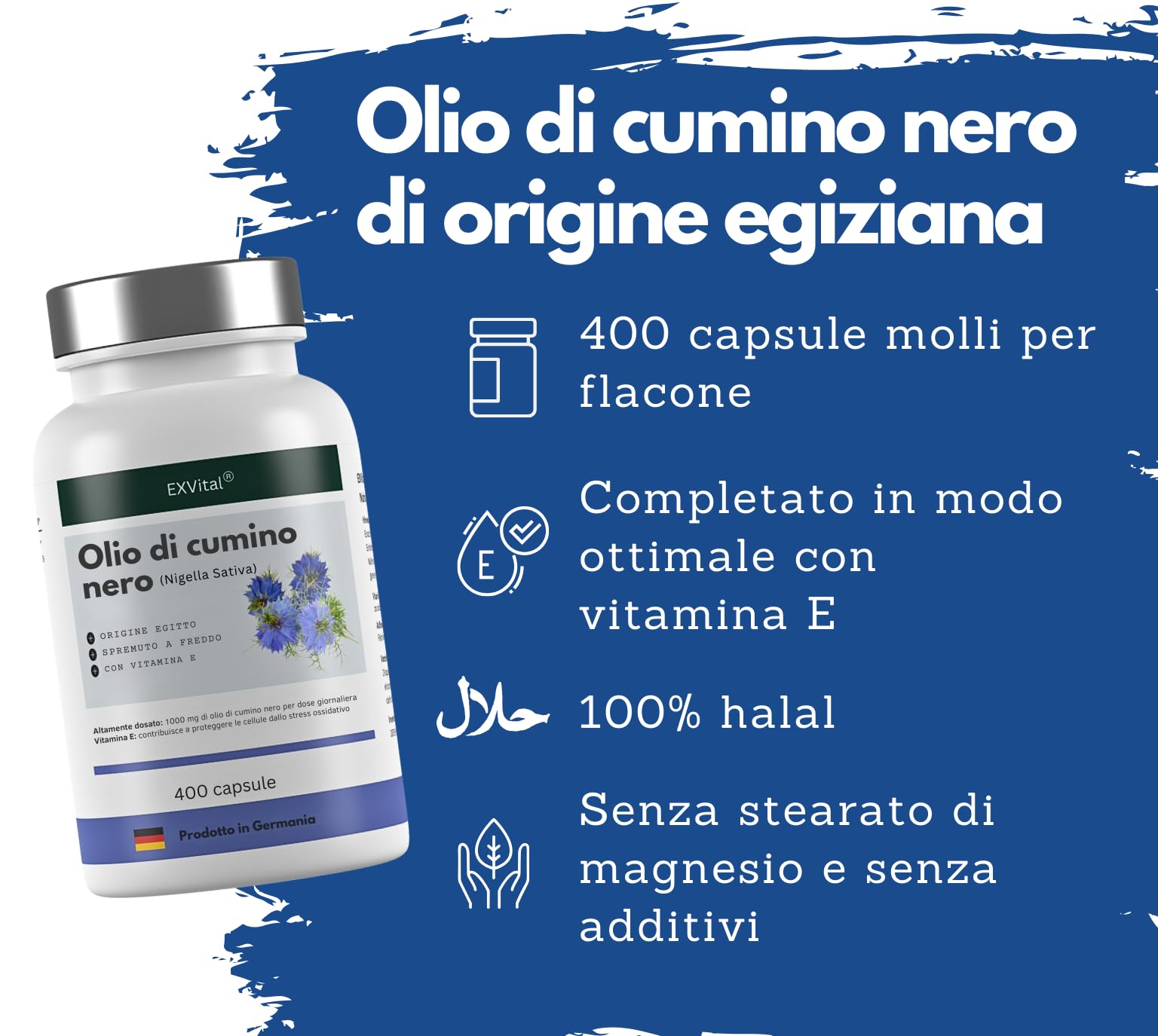 Capsule di olio di cumino nero, 1000 mg, EXVital, spremuto a freddo, egiziano, naturale, con vitamina E, 400 capsule softgel per più di 6 mesi, qualità premium, senza magnesio stearato