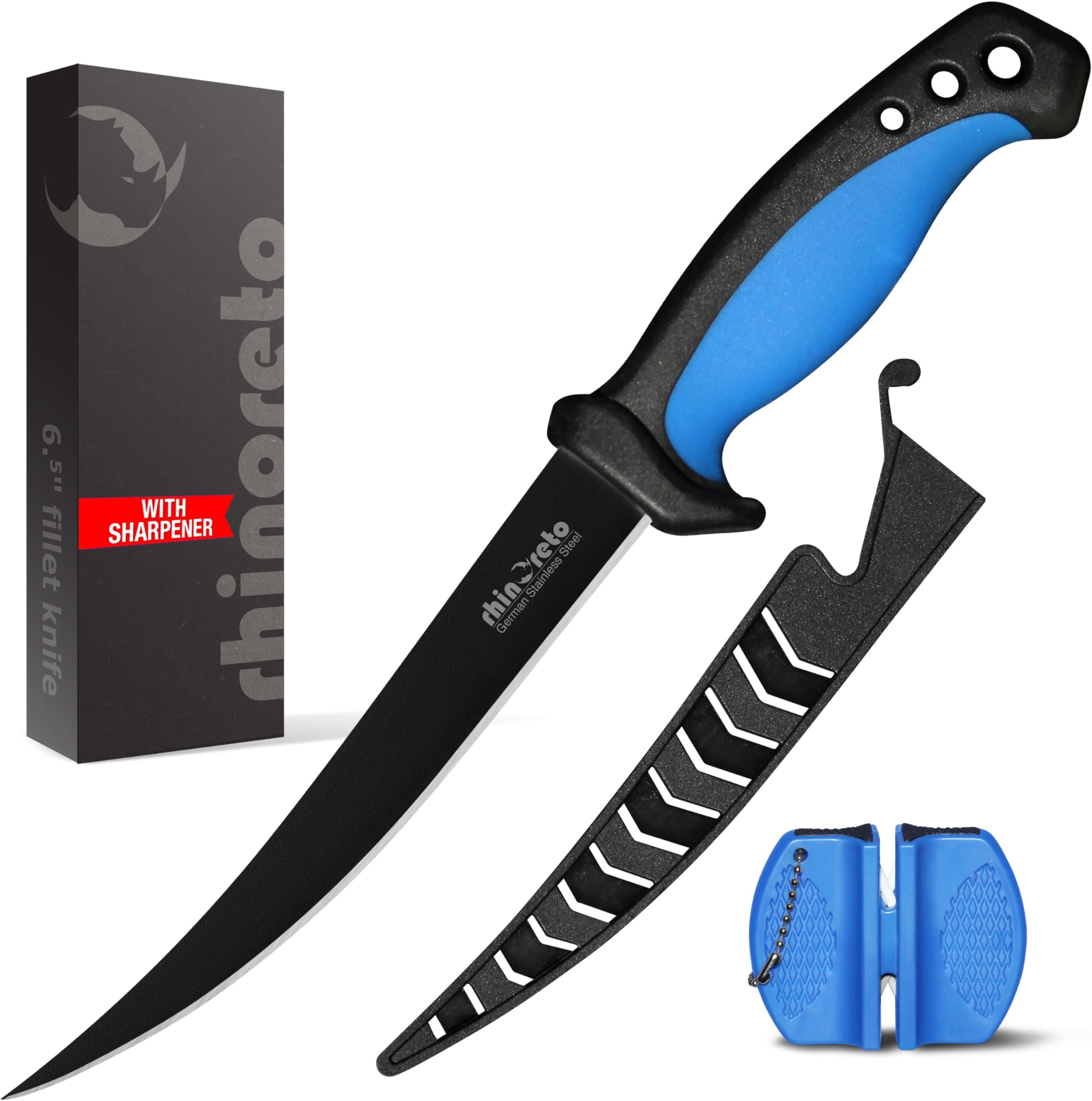 Rhinoreto Fillet Knife for Fish - Razor Sharp G4116 German Stainless Steel Blade, 6.5 Inch Professional Filleting & Boning Knife with Non-Slip Handle, Protective Sheath & Sharpener