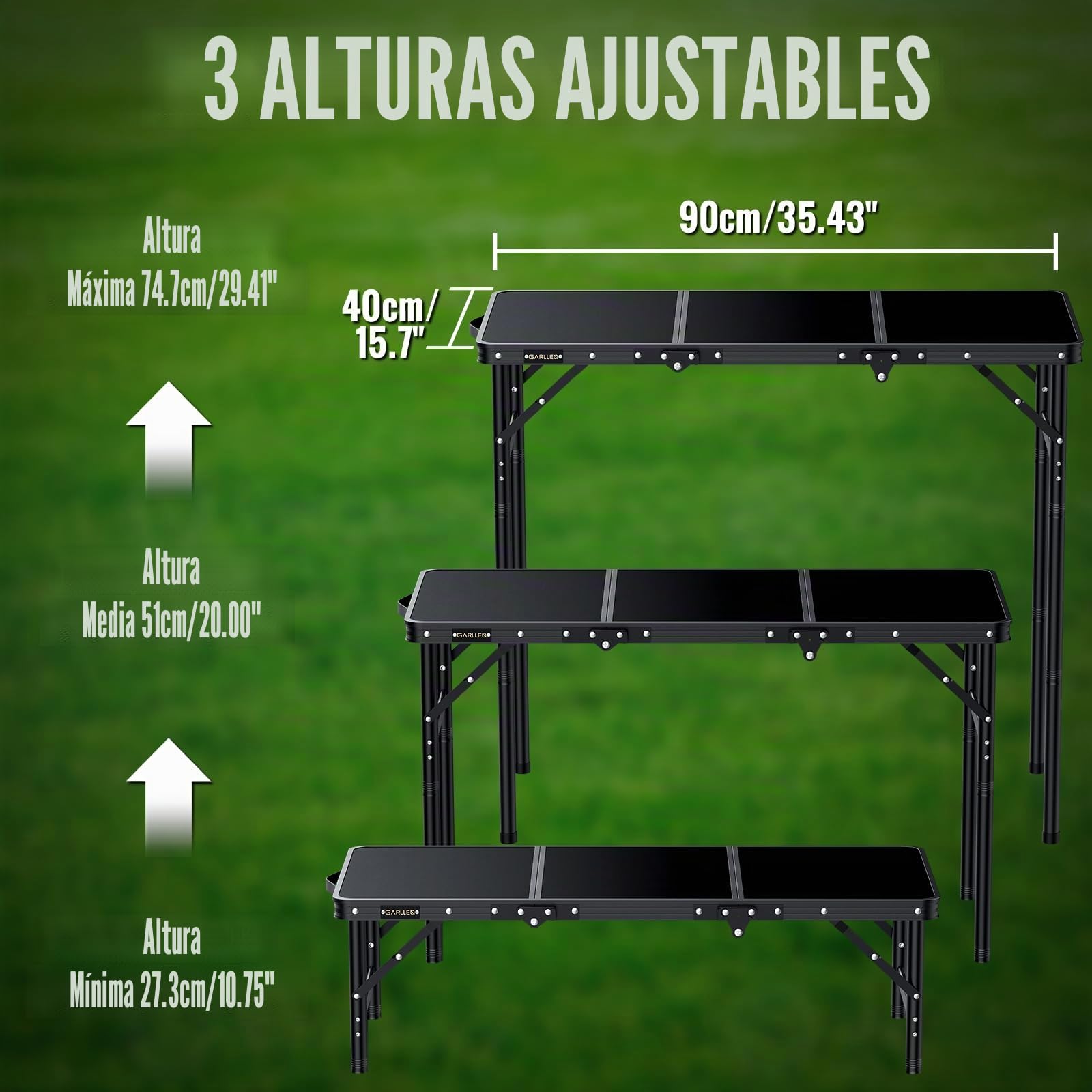 GARLLEN Mesa de Camping Plegable, Mesa de Picnic Ligera de Altura Ajustabl hasta 74, 7cm 90 * 40cm Mesa de Parrilla de Aluminio Portátil para Exteriores, Camping,Hogar