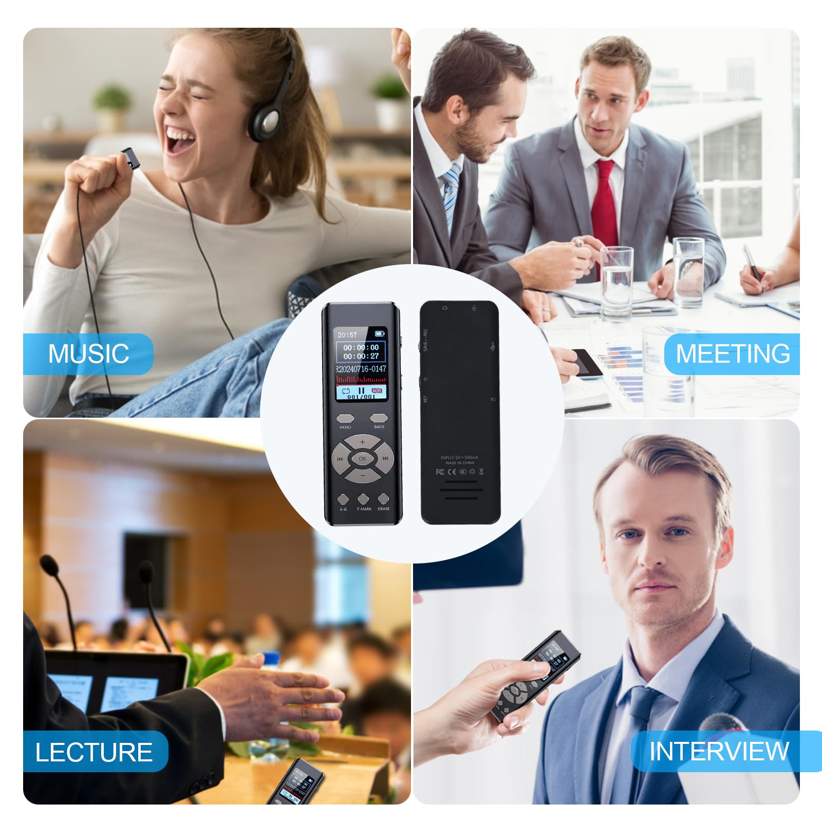 Dyktafon cyfrowy z odtwarzaczem MP3, 64 GB, na spotkania, wywiady i wykłady, odtwarzanie w pętli A-B, nagrywanie HD 1536 kbps