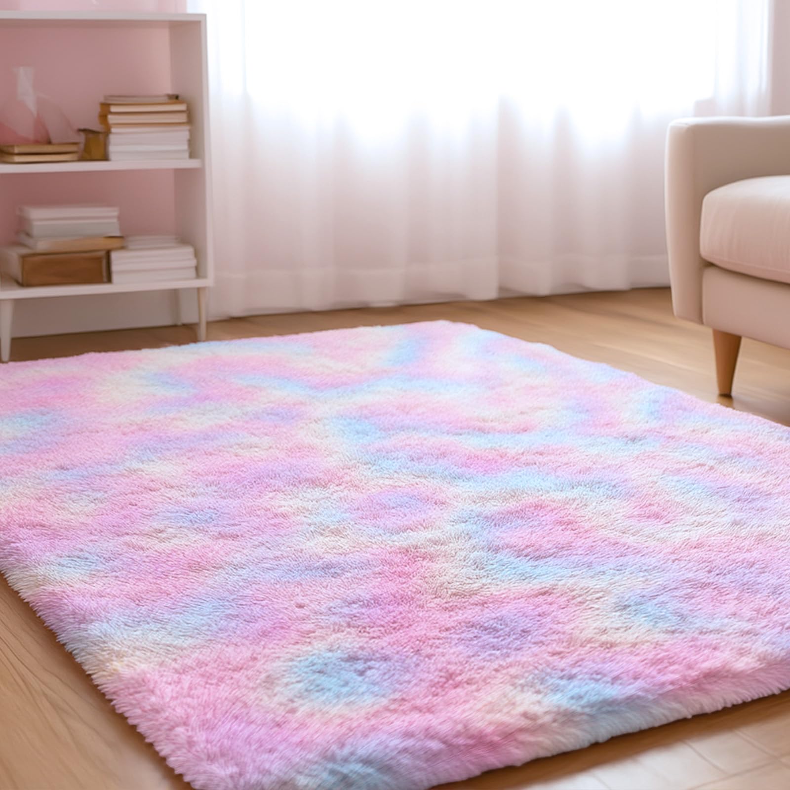 XSIVOD Soft Area Rugs for Living Room, Plush Fluffy Bedroom Rug, Non-slip Shaggy Rugs for Dorm Teens Room Decor, Modern Indoor Furry Carpets for Playroom Study Office, 120x160 cm, Rainbow — image 1