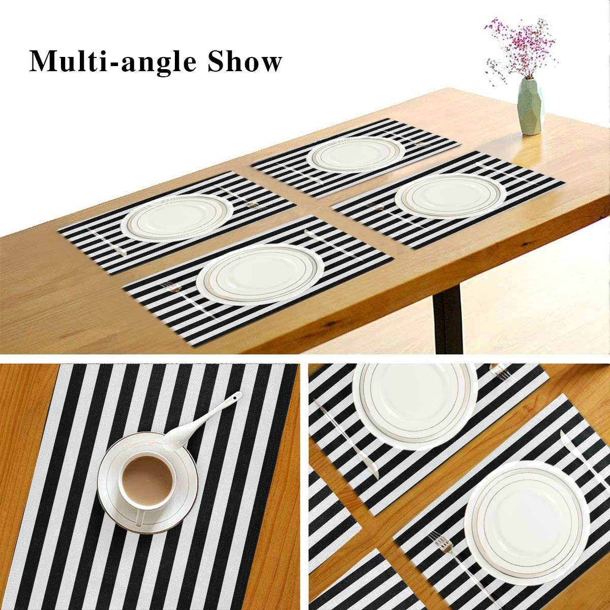 Tischset-Set: 4 Schwarz-weiß Gestreifte Platzdeckchen, Abwaschbar & Hitzebeständig | Ideal Für Küche, Weihnachten & Restaurant
