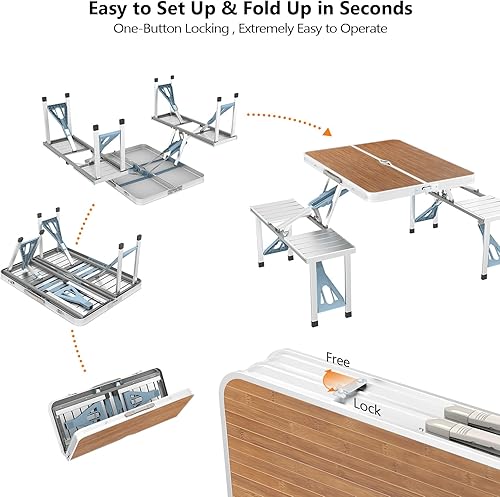 Miniatura 5 de VINGLI Juego de mesa de picnic de 4 pies con 4 asientos con agujero para paraguas plegable y ligera para maleta, marco de aluminio de 220 libras,