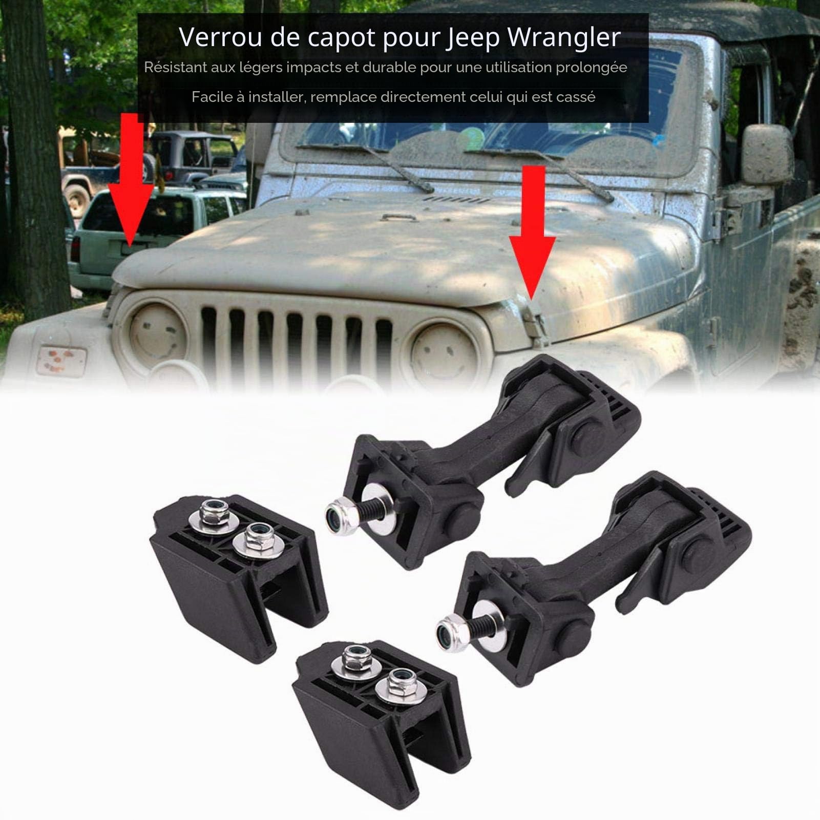 Aramox Supports de Loquet de Capot Noir, Paire de Loquets de Sécurité pour TJ 97-06, Supports de Fixation Avant Compatible avec