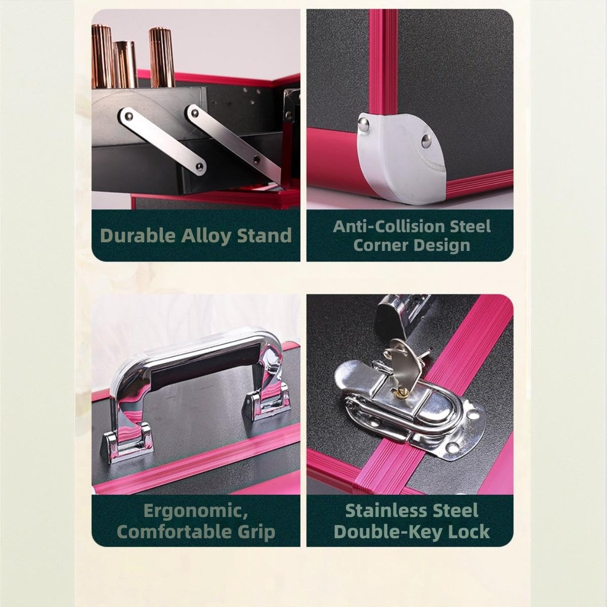 Etui na przybory do makijażu – przenośny aluminiowy organizer do makijażu z zamykanymi zatrzaskami, wysuwane tace, przestronne miejsce do przechowywania dla profesjonalistów kosmetycznych i