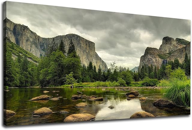 Green Wall Art Mountain Clair Eau Nature Photos Mur Décor Yosemite Parc National Scène Toile Peinture Arbre Moderne Rock River Nature Paysage Toile Imprimer Oeuvre pour la décoration murale 50X100CM