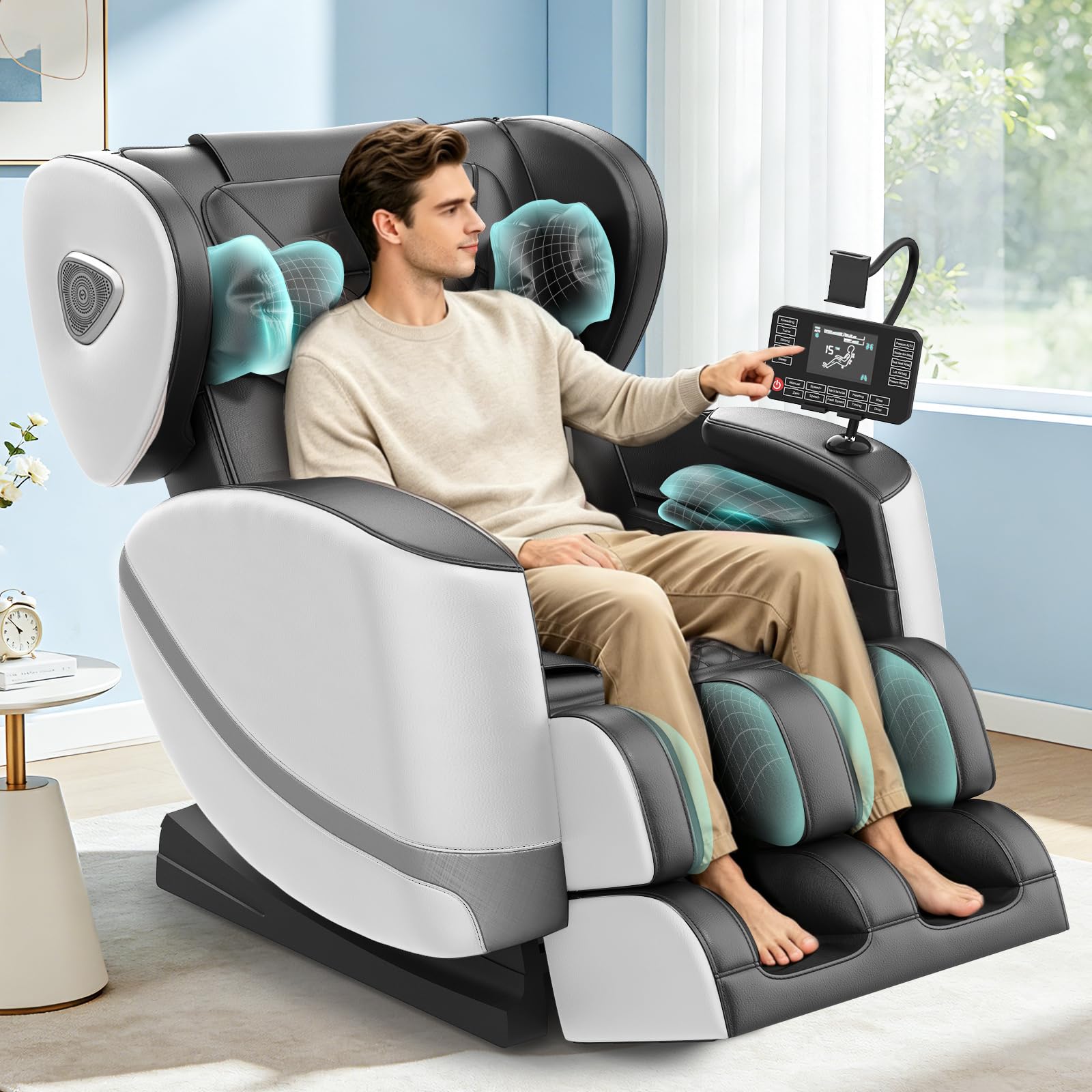 Gegcucey Ganzkörper Massagesessel mit Rollen & Airbags für Massage, Zero Gravity mit Bluetooth Lautsprecher und Touchscreen, Heizfunktion für Taille & Beine, mit Fußmassage für Hause/Büro (Hellgrau)