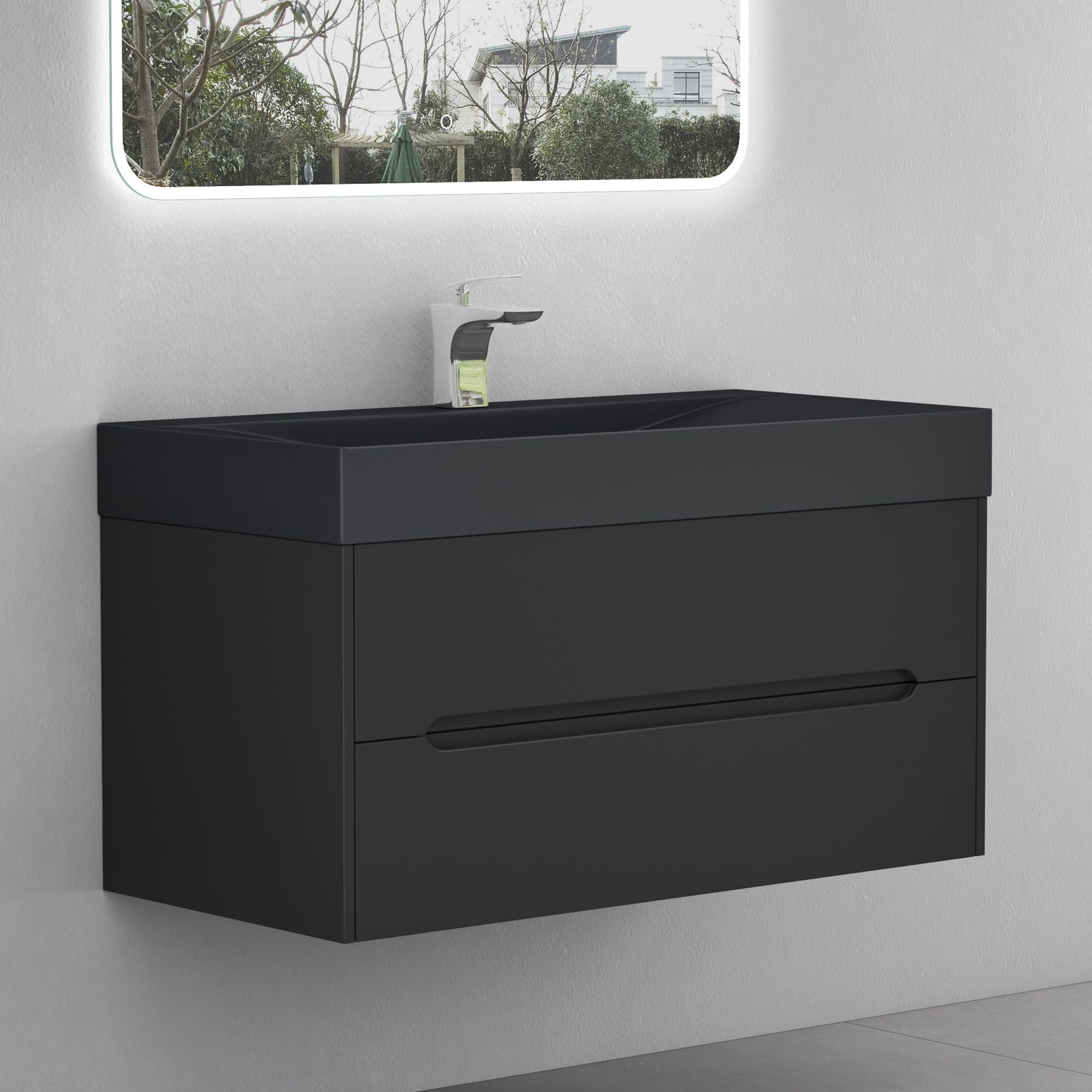 doporro Mobile Bagno Sospeso 100 cm con Lavabo in Marmoresina – Finitura Nero Opaco, Cassetti a Chiusura Rallentata, Serie Yoga