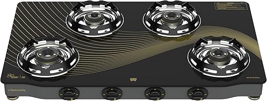 Butterfly Renz 4 Open Burner 3 Star Glass Top Gas Stove | Fan Shield | Leak Proof European Valve | Rust Resistant Frame | Patented Lift Lock | 8Mm…