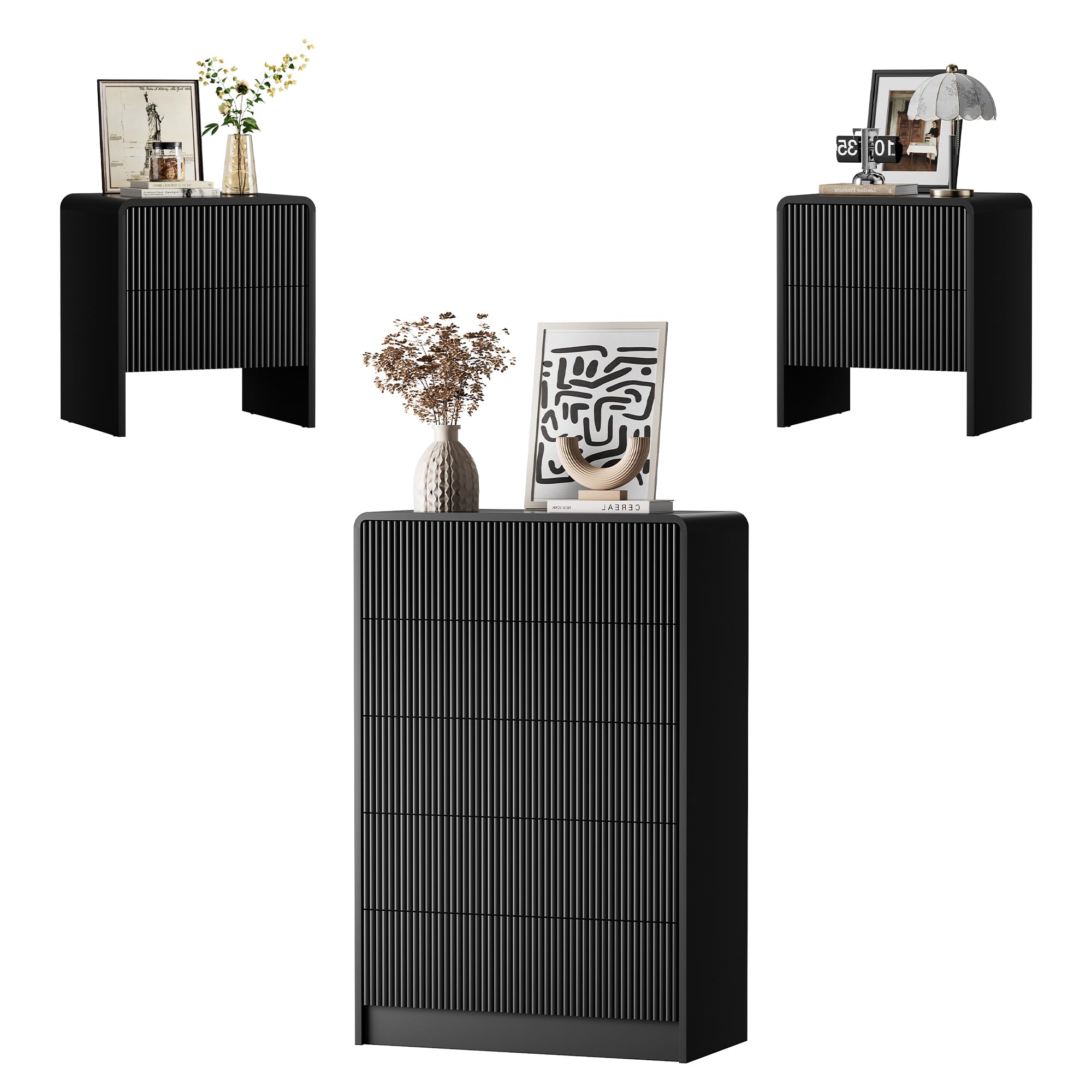 Furniway 3 Piece Bedroom Dresser Set, 5 Drawer Dresser with 2 Nightstands, Fluted Chest of Drawers with Pop-Up Design, Modern Storage Furniture for Bedroom, Living Room, Entryway, Black