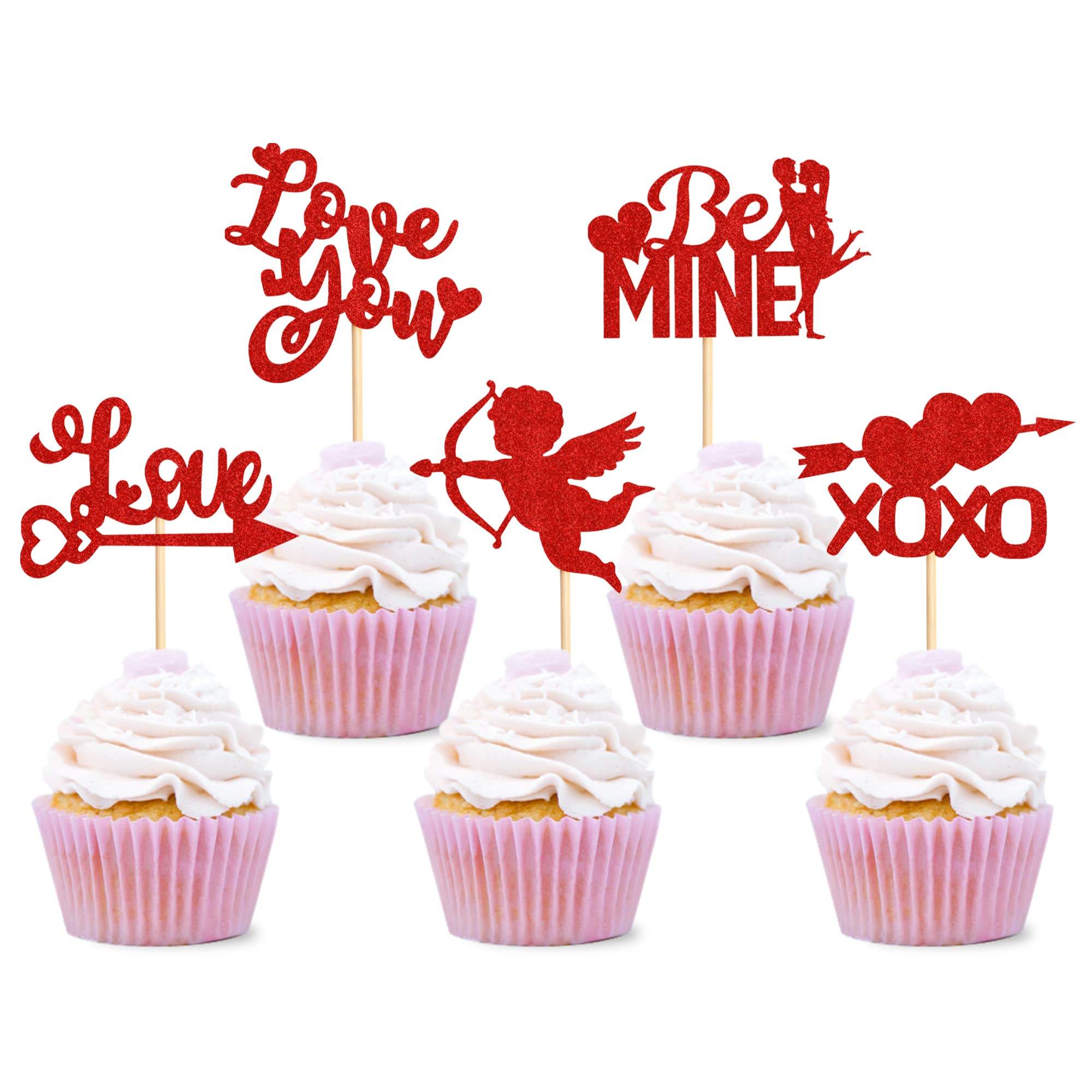 Rsstarxi 36 Stück Valentinstag Cupcake Topper – Glitzernde Herz-, Lippen- & Amor-Motive, 5,6 X 12,7 Cm, Nicht Essbar