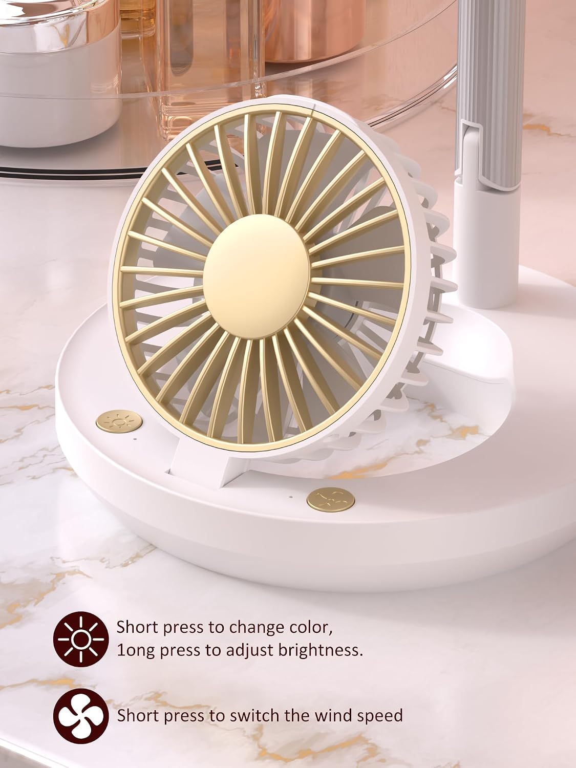 3-in-1 LED Makeup Mirror with Fan, Rechargeable Portable Cordless Fan, 3 Speeds Quiet Cooling, 3-Color Stepless Dimming Vanity Mirror, USB Powered for Home Office