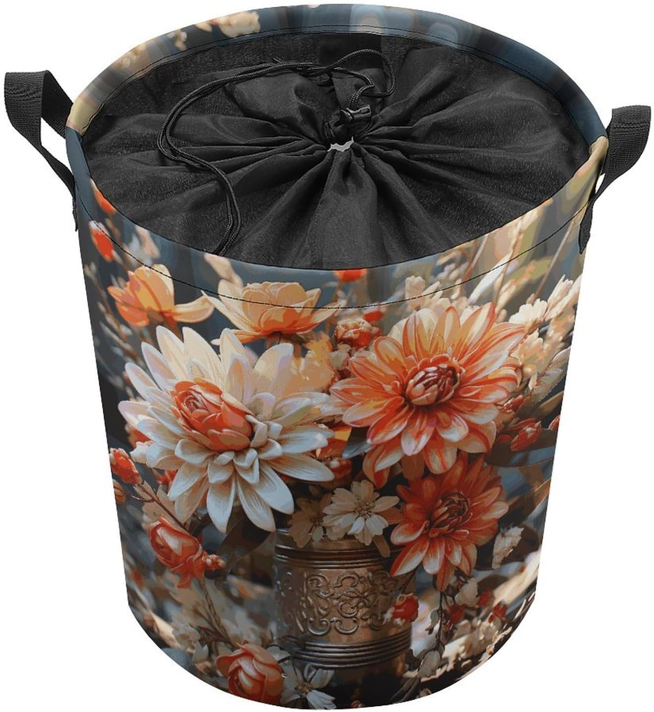 Orange Flowers Laundry Basket Collapsible Clothes Hamper with Reinforced Handles Large Capacity Waterproof Laundry Bag Freestanding Laundry Hamper for Bedroom Bathroom