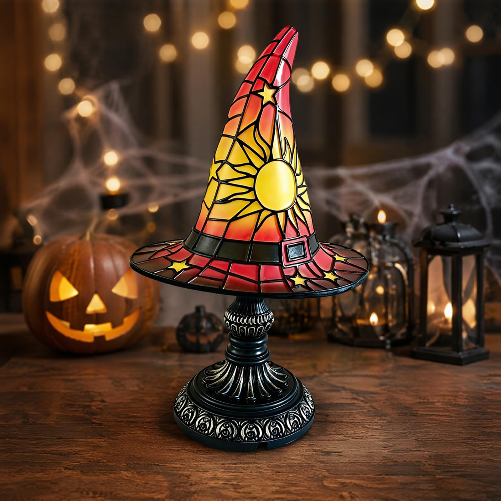 WMFASBAG Stained Glass Witch Hat Lamp, Handcrafted Gothic Witch Hat Table