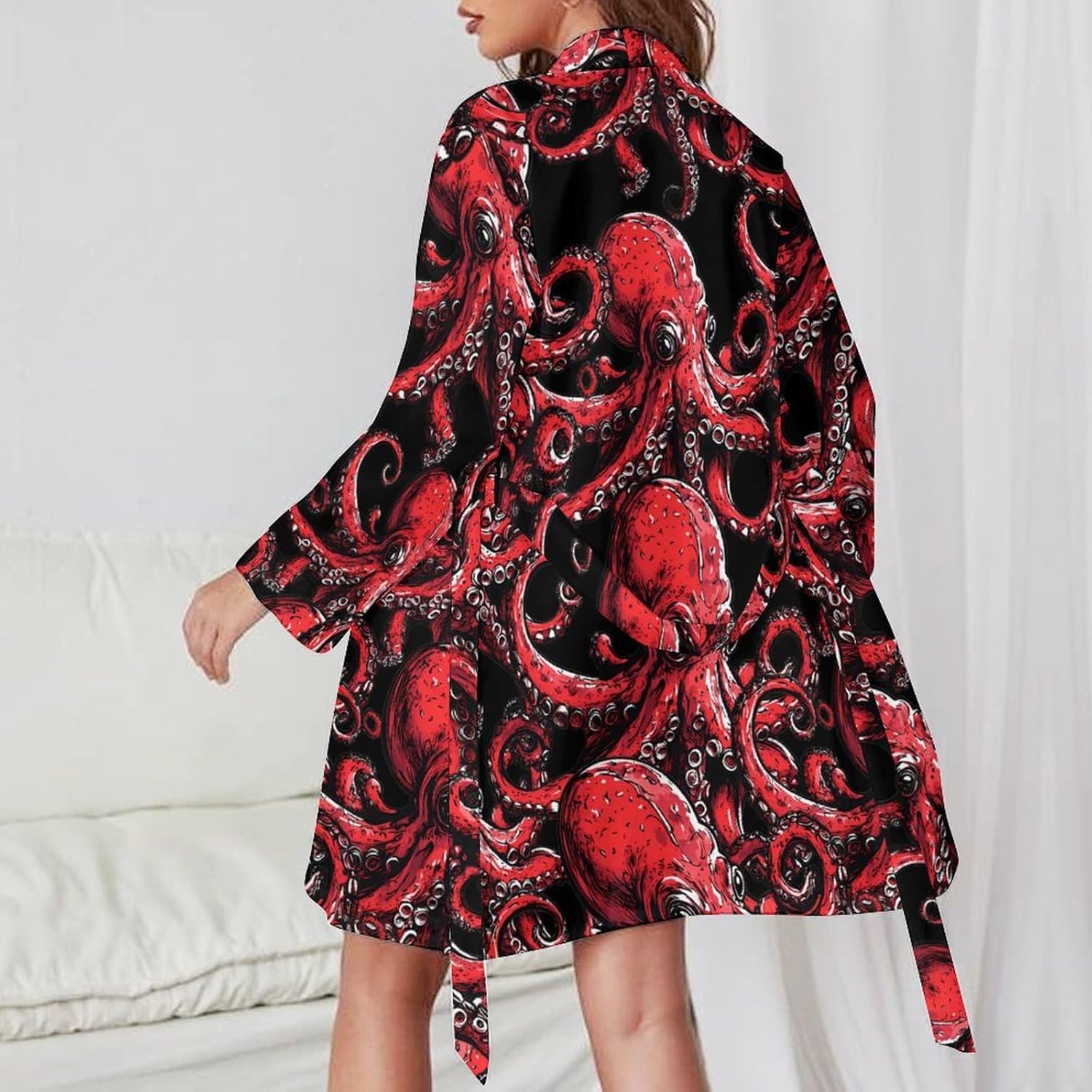 Red Octopus Fierce Women’s Long Sleeve Robe with Belt Lounge Sleepwear Bathrobe for Home Hotel Travel