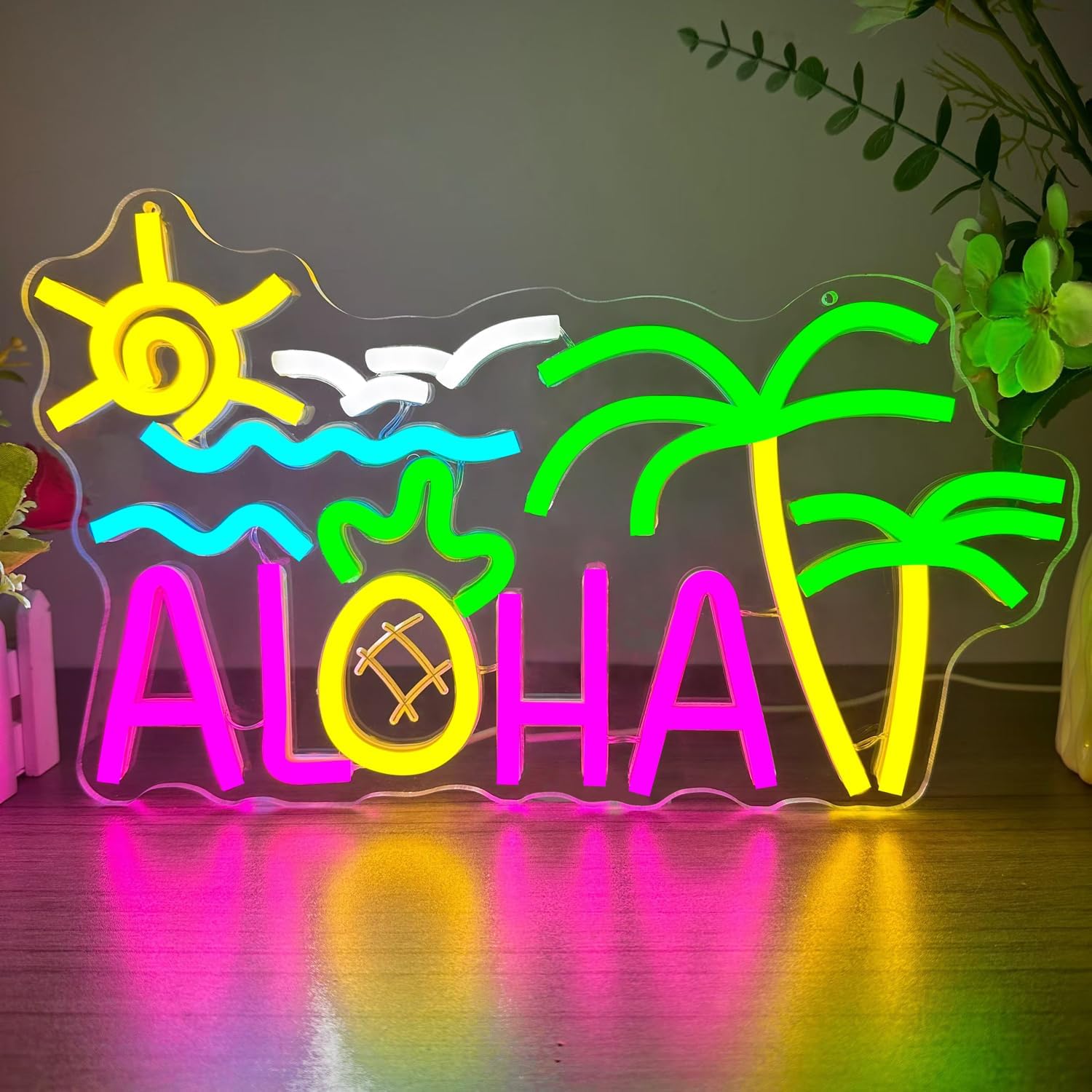 Aloha Palm Tree Neon Sign Aloha Sign for Wall Decor Tropical Hawaiian Aloha Led Sign Sun Ocean Wave Coconut Pineapple Luau Party Decorations for Tiki Bar Beach Party Birthday Bedroom Decor