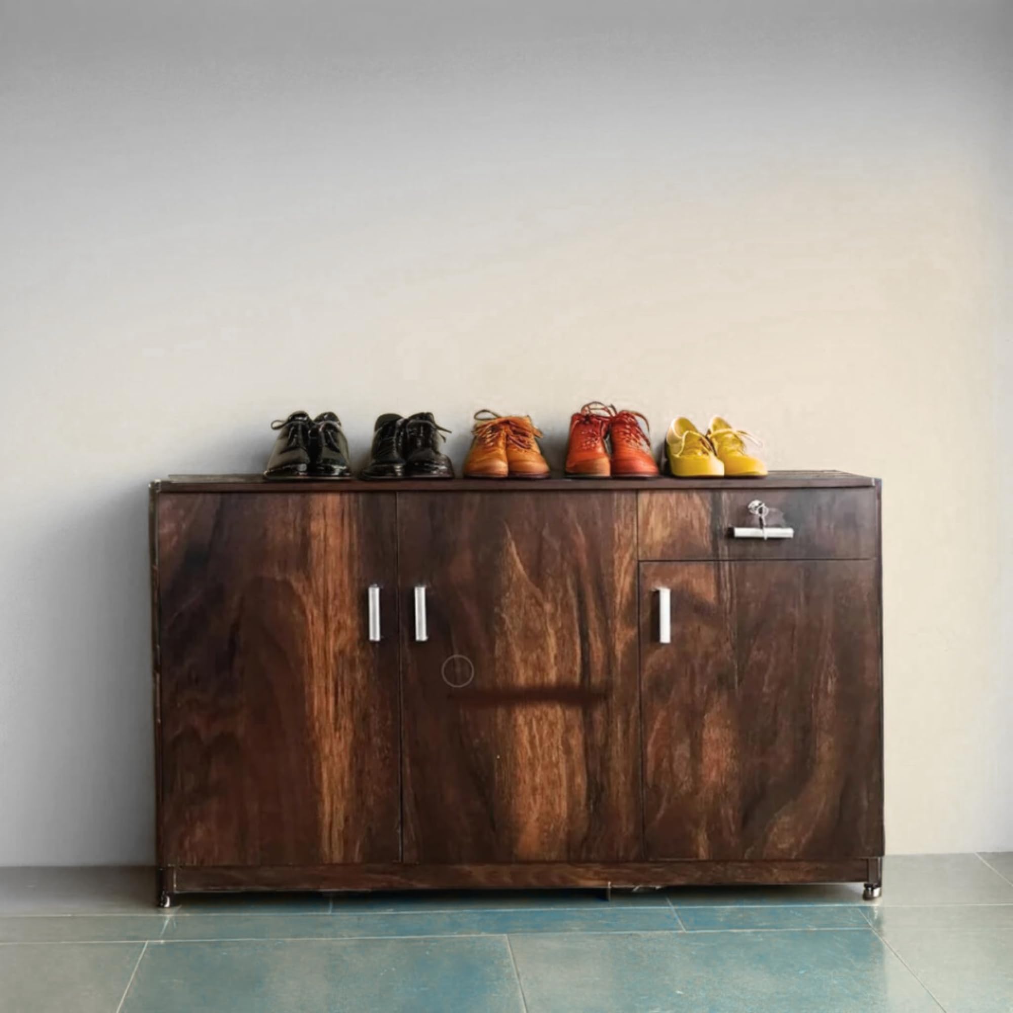 CASPIAN 3 Door Shoe Rack Cum Cabinet (Brown) | Engineered Wood Pre Assembled Furniture | Storage Organizer for Indoor/Outdoor Use | 7 Shelves, 1 Lockable Drawer | Wooden Shoe Racks for Home