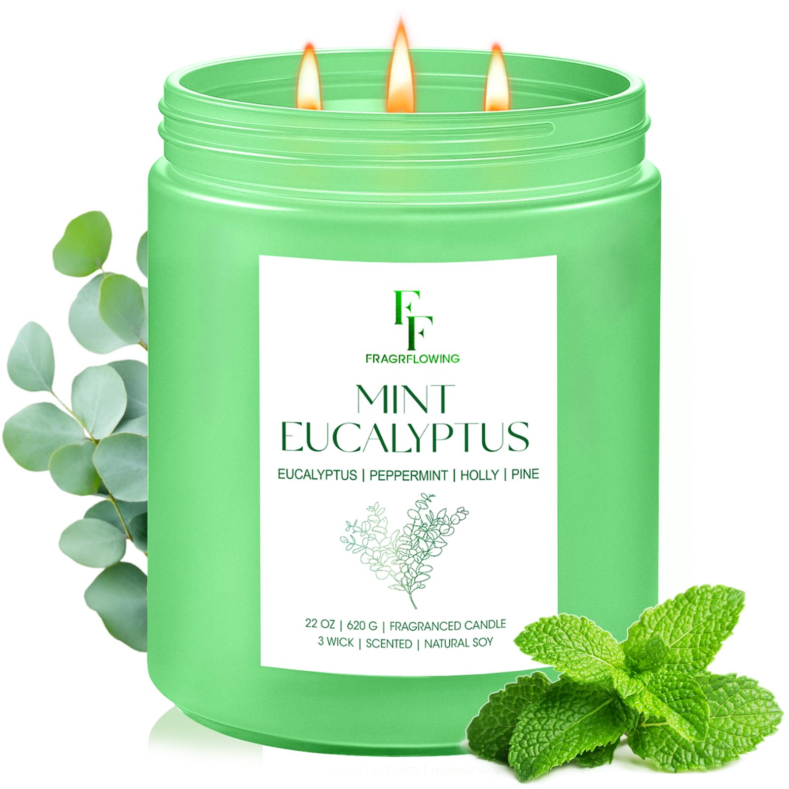 Mint Eucalyptus Large Scented Candle, 3-Wick 22oz Long Lasting Scented Candle, Natural Soy Wax Aromatherapy Candle for Home, Candle Gifts for Women Men