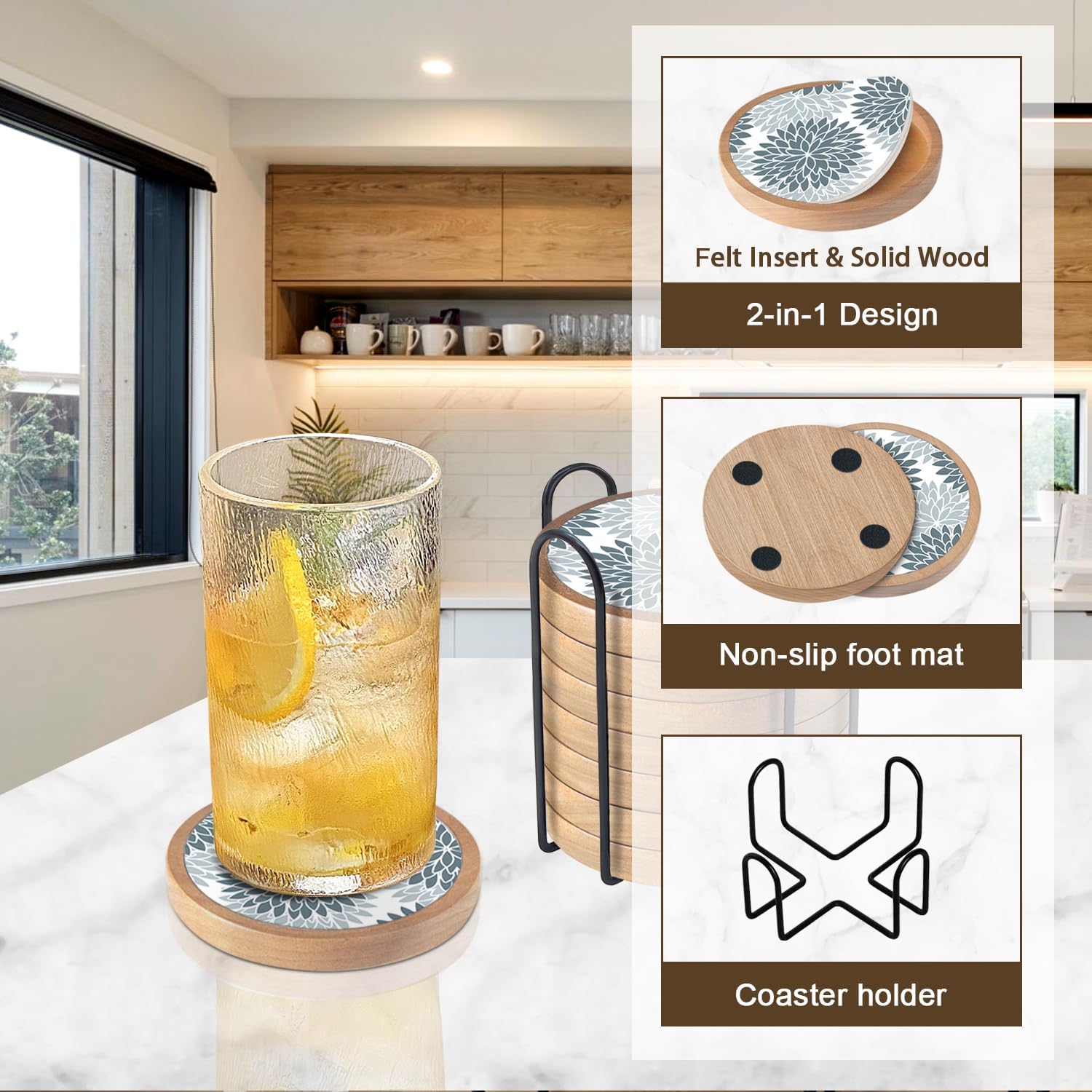 Wood Coasters Set of 8 with Holder, Cewiru Cup Mat for Drinks, Absorbent Coasters with Felt Insert for Coffee Table Protection, Modern Style Home Dining Table Decor, 4.3" Gray image 5