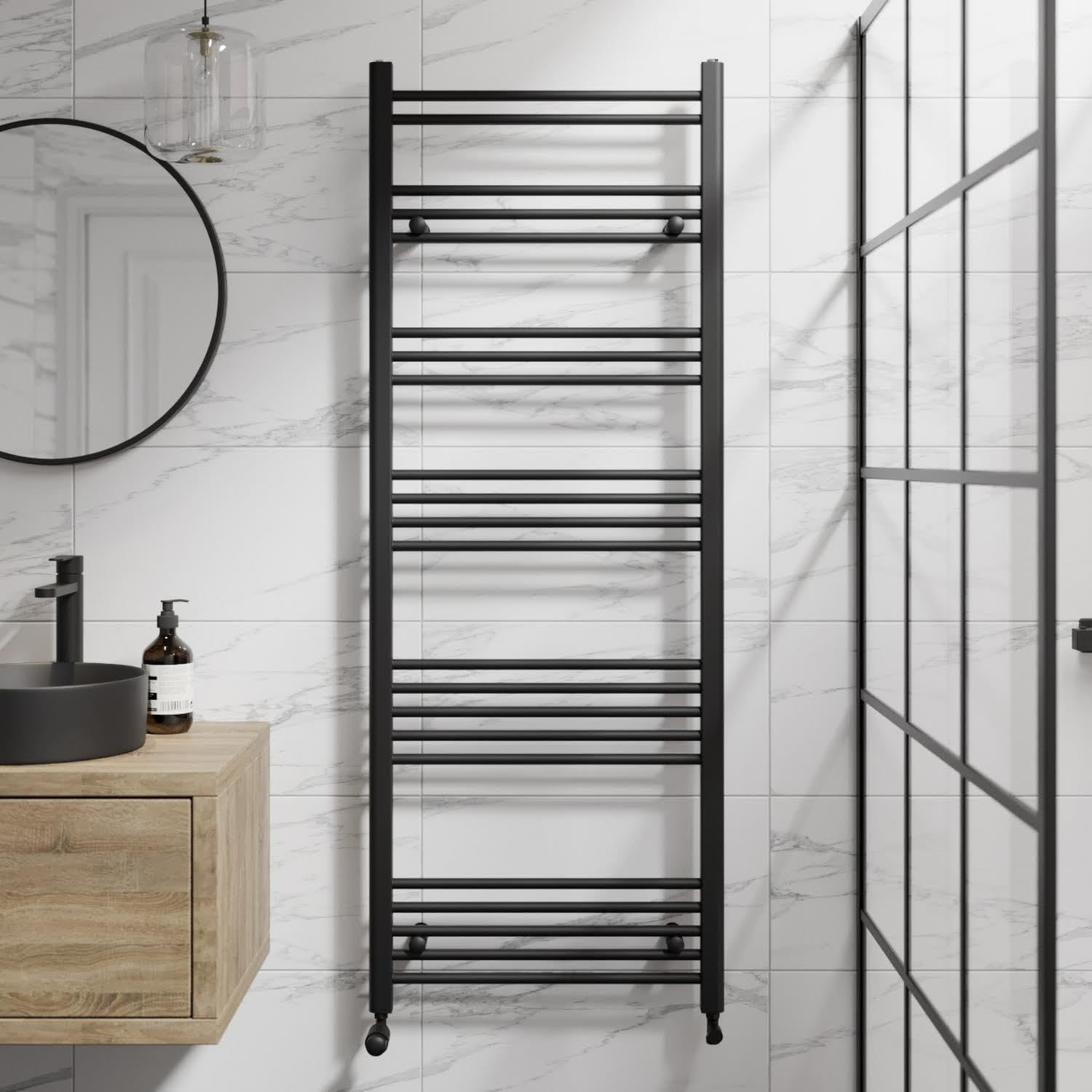 DuraTherm® 1600 x 600mm Flat Straight Heated Towel Rail Radiator Modern Central Heating Bathroom Warmer Wall Mounted Ladder Rad, Matt Black