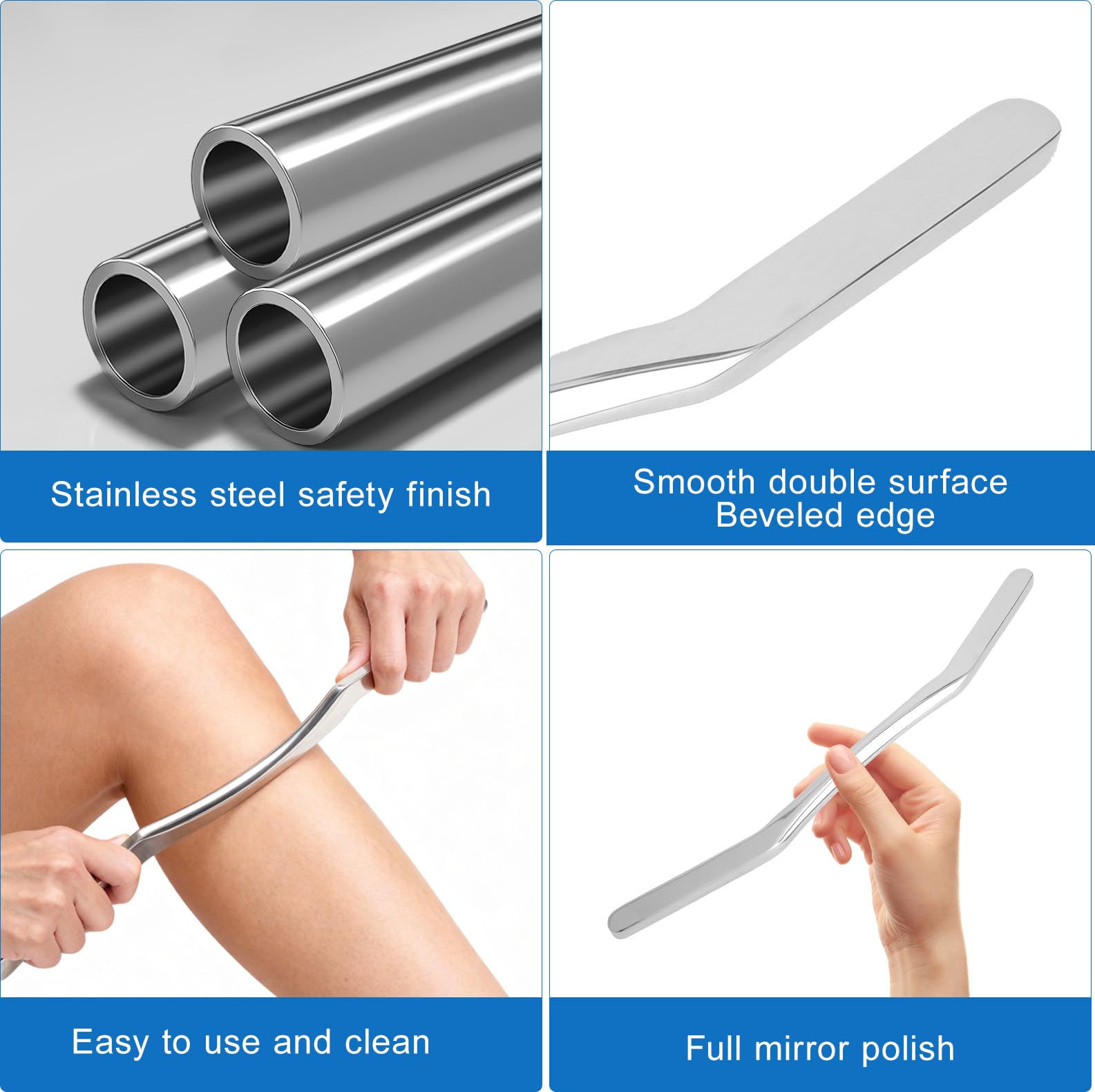 Guasha Acciaio Inox Guasha Acciaio Inox Gua Sha Acciaio - Strumento in Acciaio 316, 30 cm, 8 mm, Impugnatura Ergonomica - Per Sport, Fitness, Mobilità, Schiena e Gambe