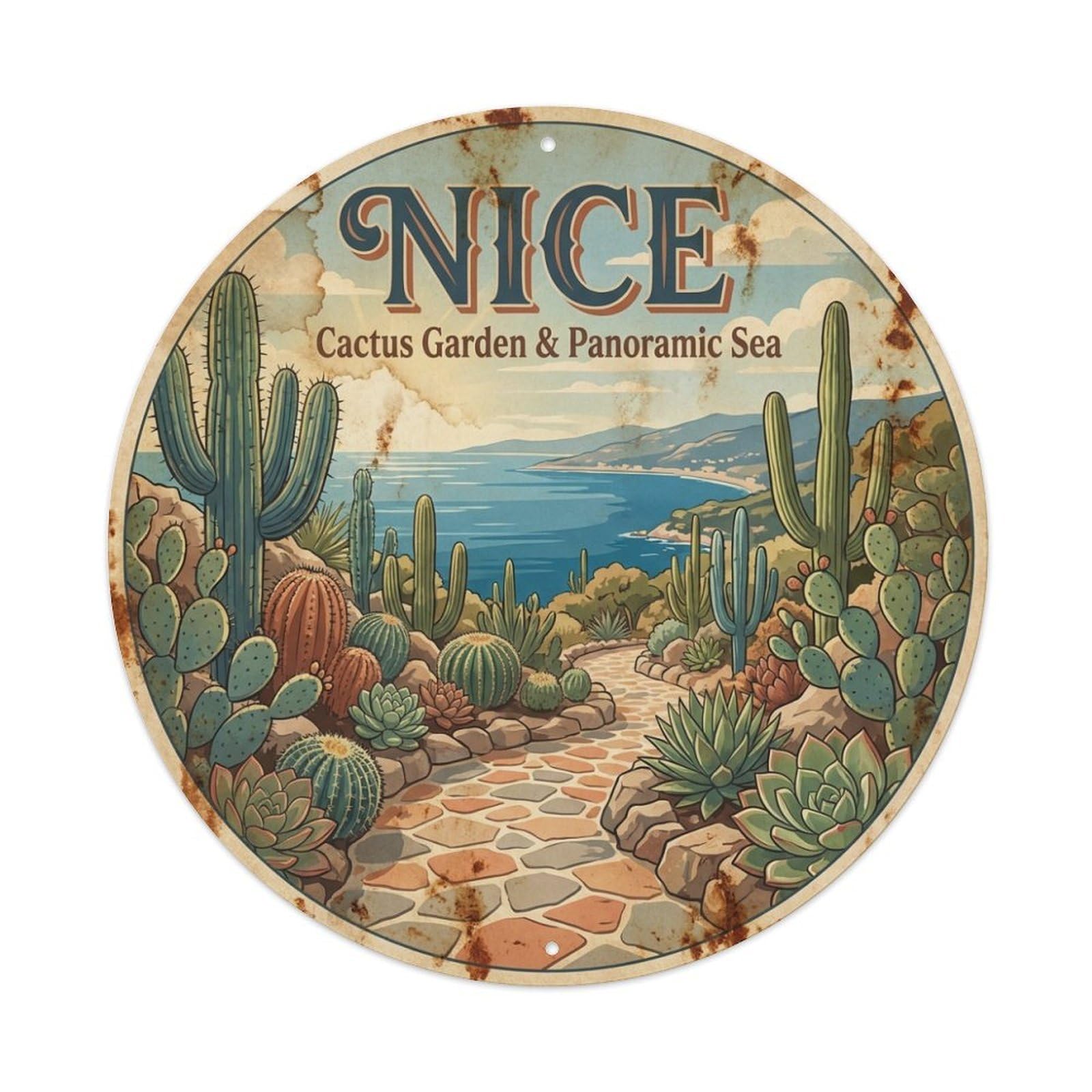 Olhnbad Style Cactus Garden Panoramic Sea Culture Nice Travel Vintage Metal Tin Sign