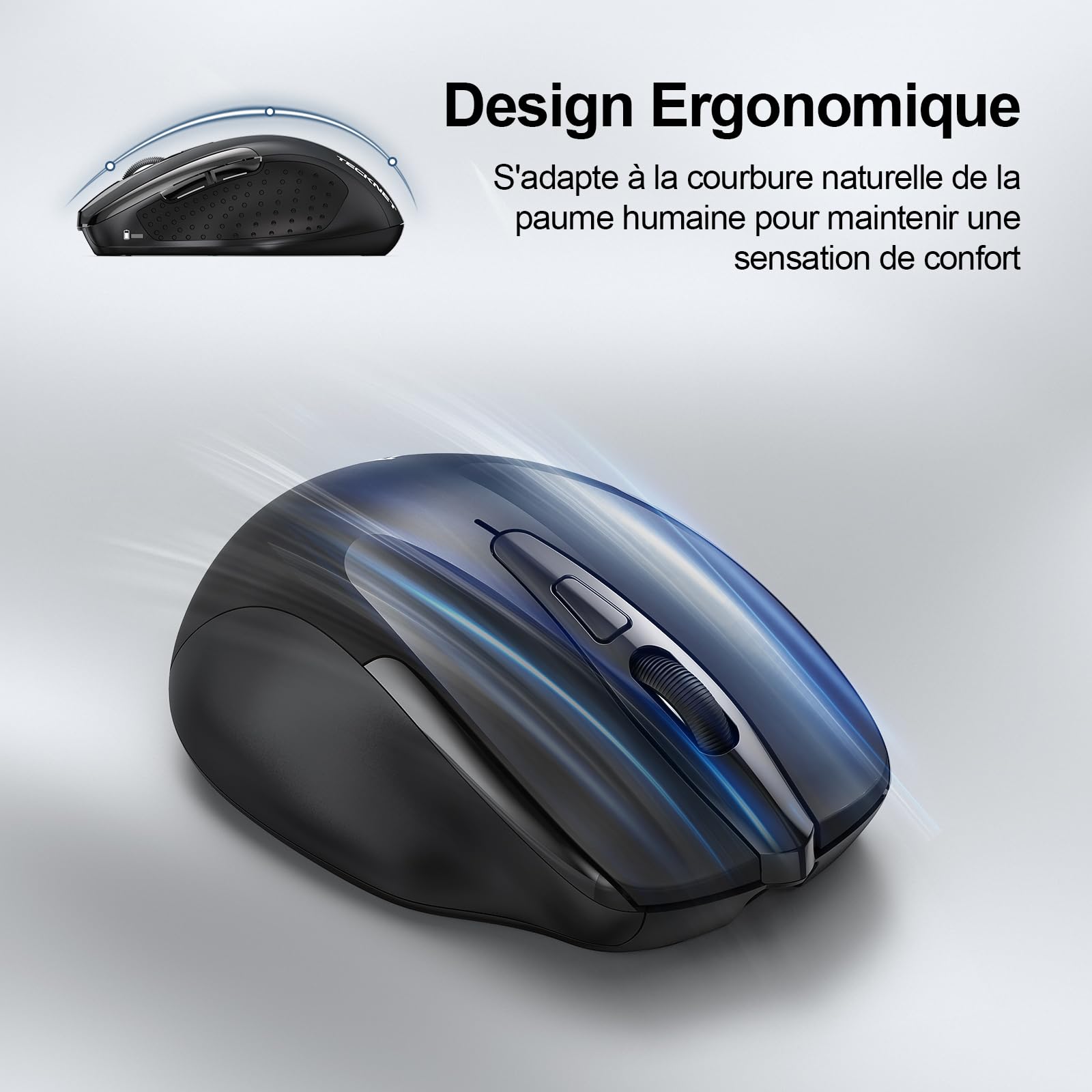 TECKNET Souris Bluetooth sans Fil Rechargeable Silencieuse 3 Modes 4800 DPI Ergonomique Noir