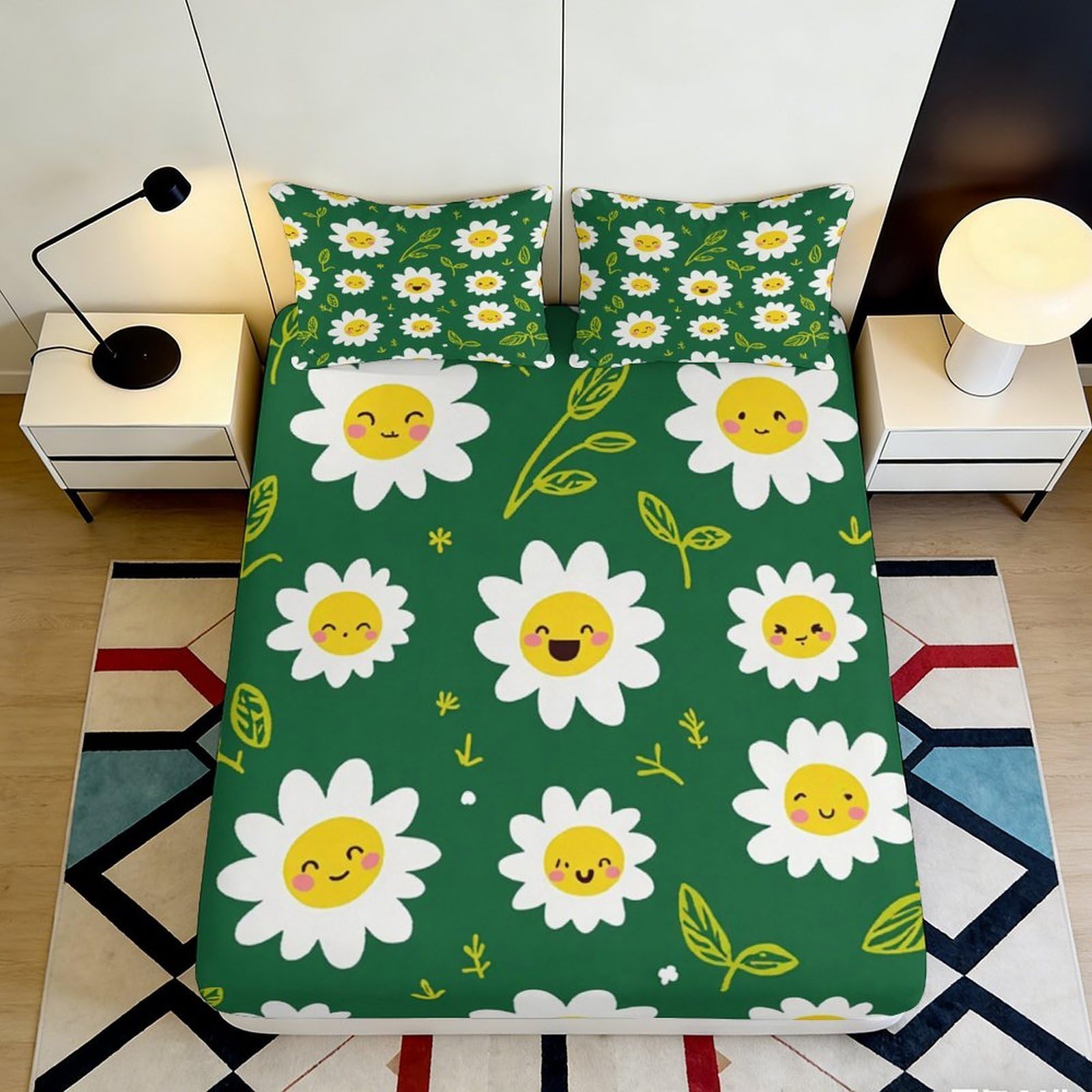 3D Printed Daisy Blossom Fitted Sheet Microfiber Green Floral Mattress Cover for Bedroom Guest Room Decor Easy Care 90x200x25cm