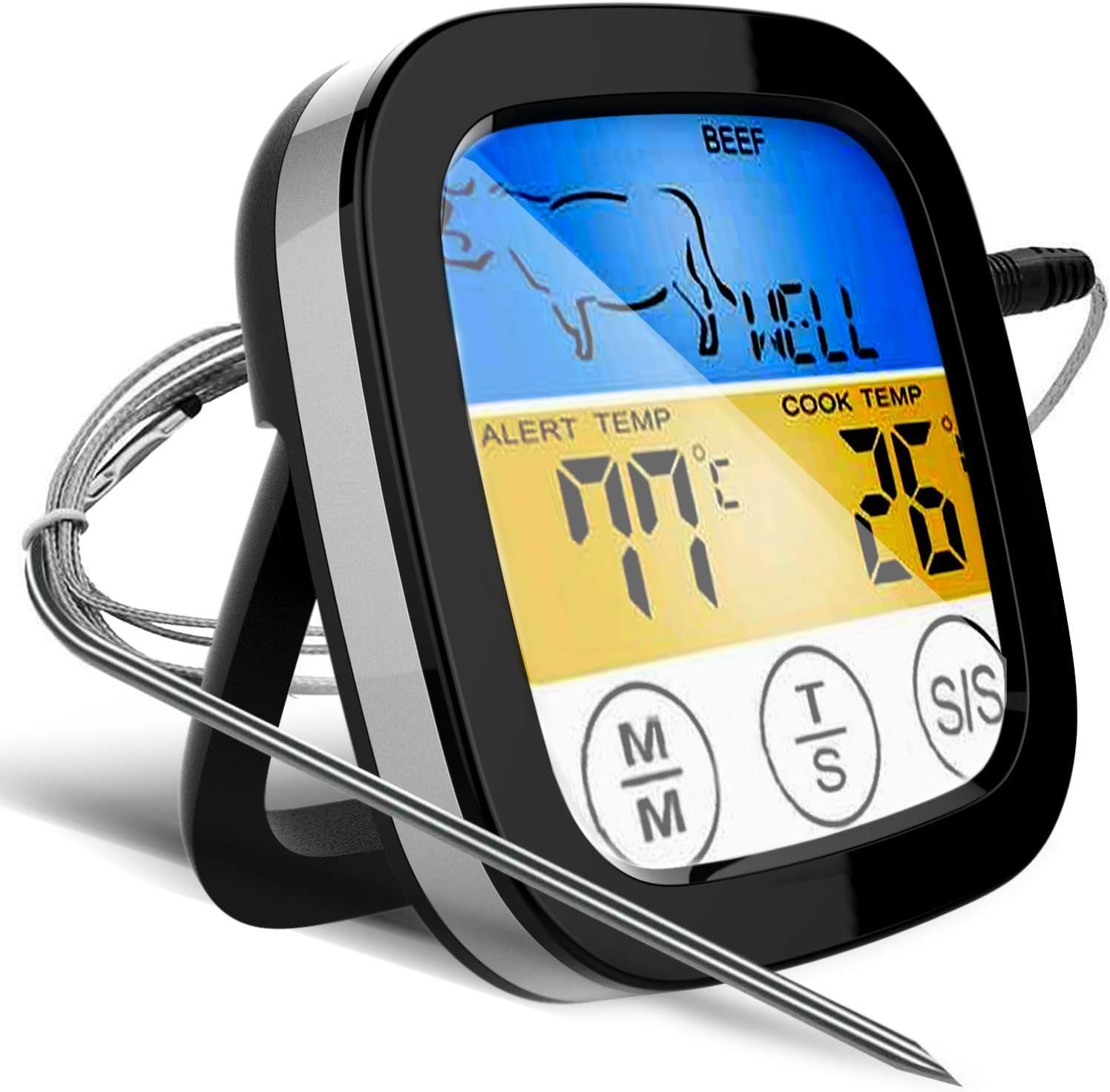 Digital Touchscreen Food Thermometer for Meat Poultry Fish Cooking in Frying Pan Smoker Oven BBQ Grill with Sensitive Color LCD Display All Temperature and Timer Modes Best Taste Results (Steel-Gray)
