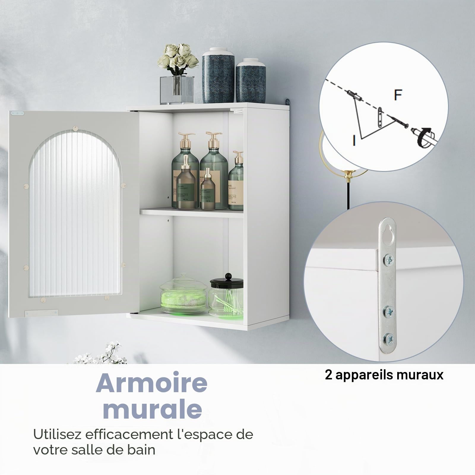 LIFEZEALMeuble de Salle de Bain Mural, Meuble de Cuisine Mural, Armoire Murale Suspendue avec Porte en Verre, étagère réglable, Placard, Blanc, Salle de Stockage, Moderne (Blanc, 35 x 20 x 52,5 cm)