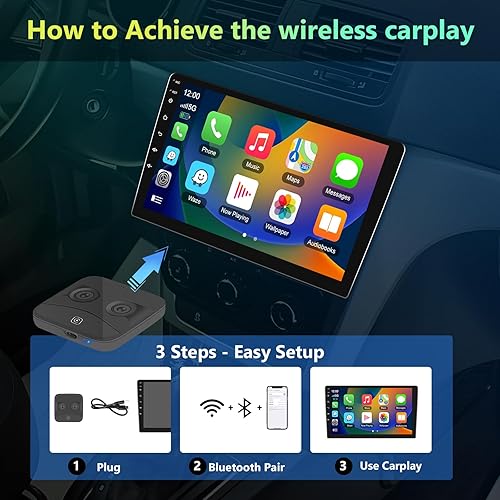 Miniatura 5 de Podofo Adaptador inalámbrico Apple Carplay 2024 para fábrica con cable CarPlay iPhone Bluetooth Adaptador de coche con cable a inalámbrico Apple Car