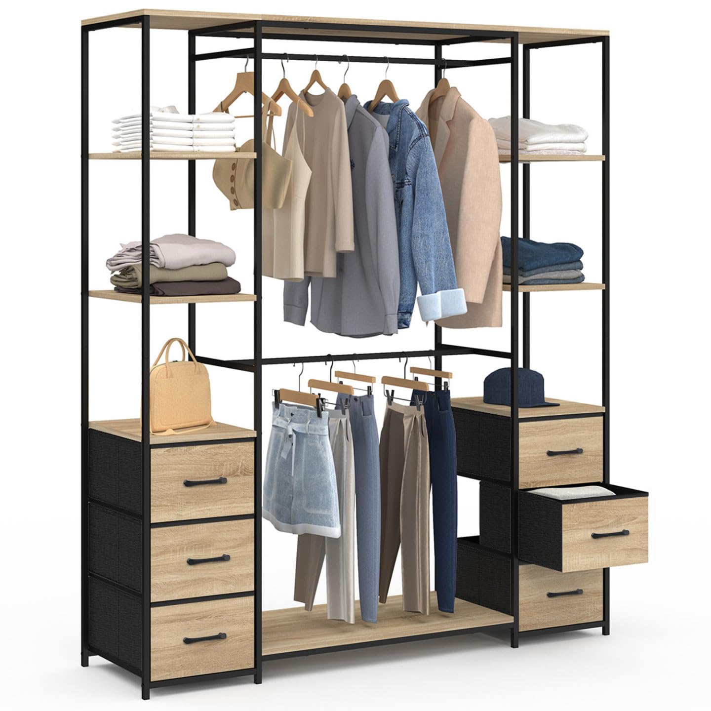 IDMarket - Dressing Double penderie + Double Colonne L. 140 cm Utah avec 6 étagères et 6 bacs en Tissu Bois et Noir