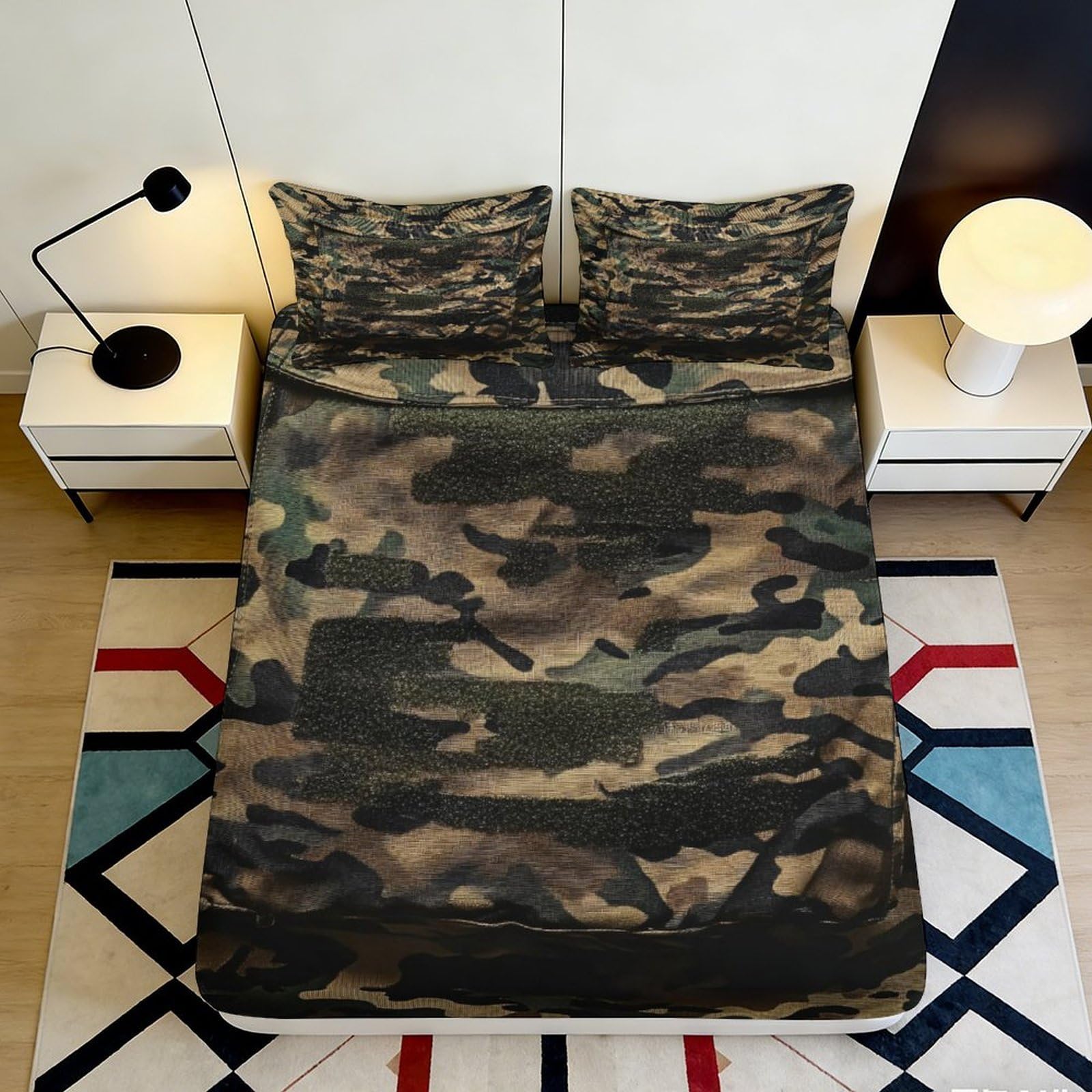 3D Printed Camouflage Military Fitted Sheet Microfiber Soft Breathable Army Green Mattress Cover for Bedroom Dorm Decor 90x200x25cm