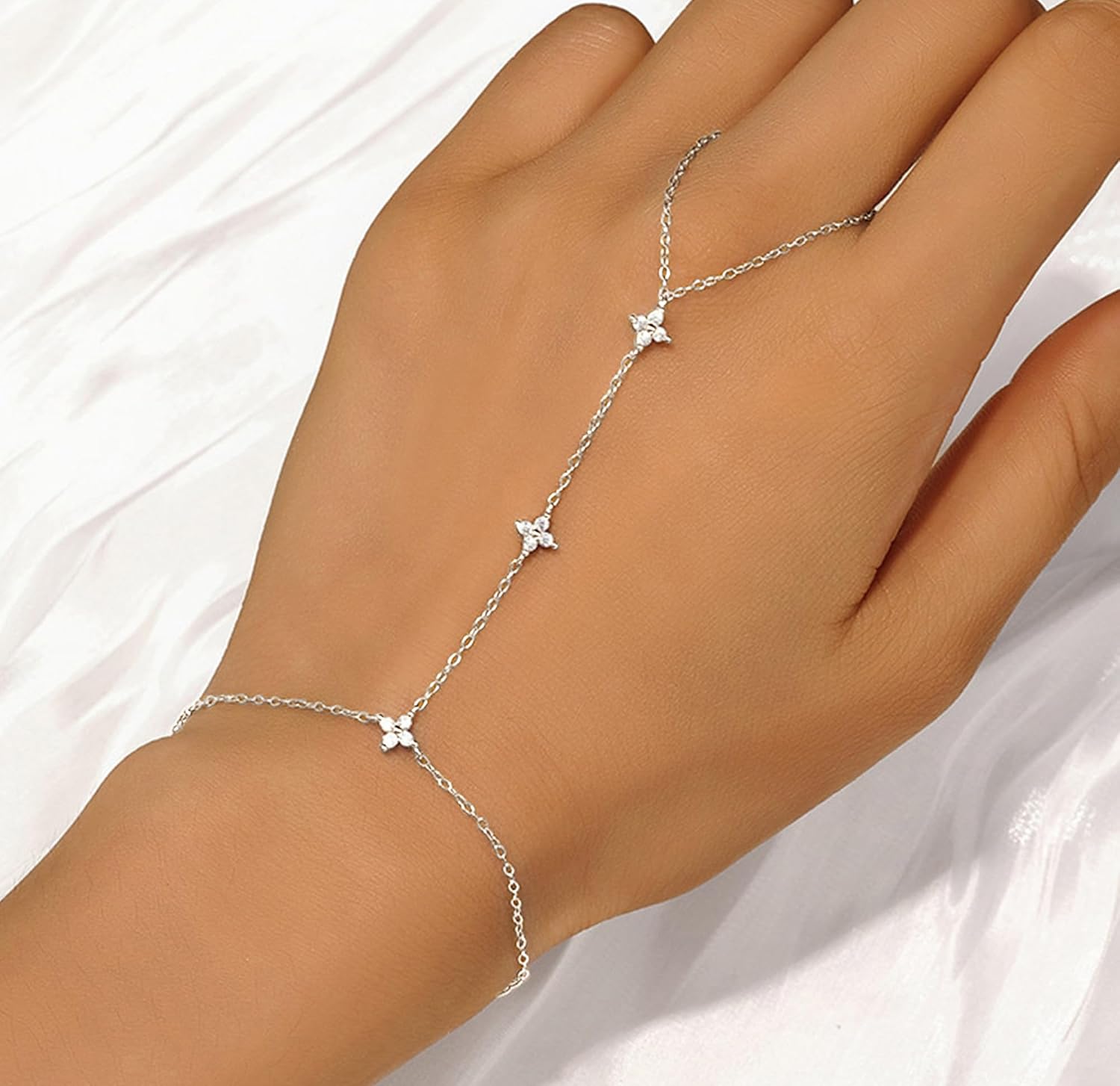 Hand Chain Bracelets for Women 925 Sterling Silver Lucky Leaf Finger Body Chain Ring Bracelet 14K Gold Plated Non Tarnish Trendy Flower CZ Summer Beach Bracelet Wedding Birthday Jewelry Gifts for Mom