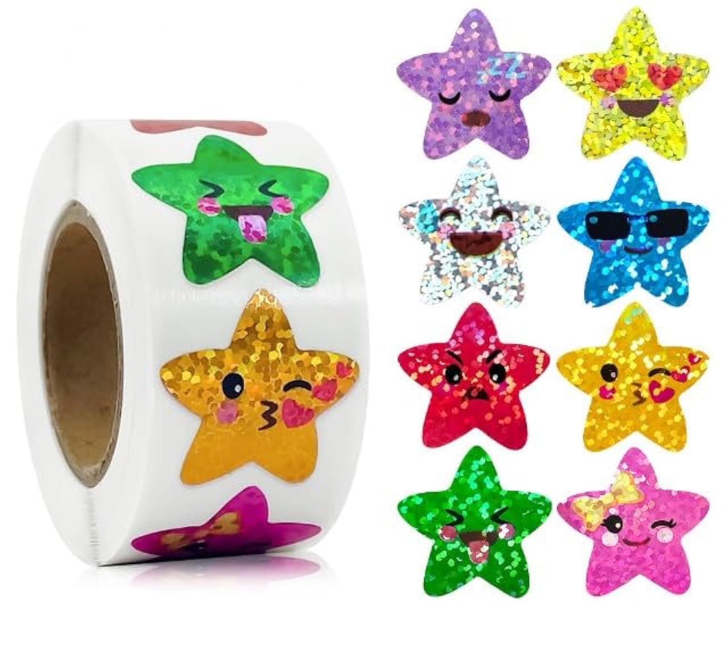 500pcs Multicolor Smiling Star Stickers,1 Inch Small Star Stickers Roll Self Adhesive Glitter Sparkly Foil Star Holographic Stickers for School Reward Decor Crafts Supplie (8 Colors)Teaching Materials