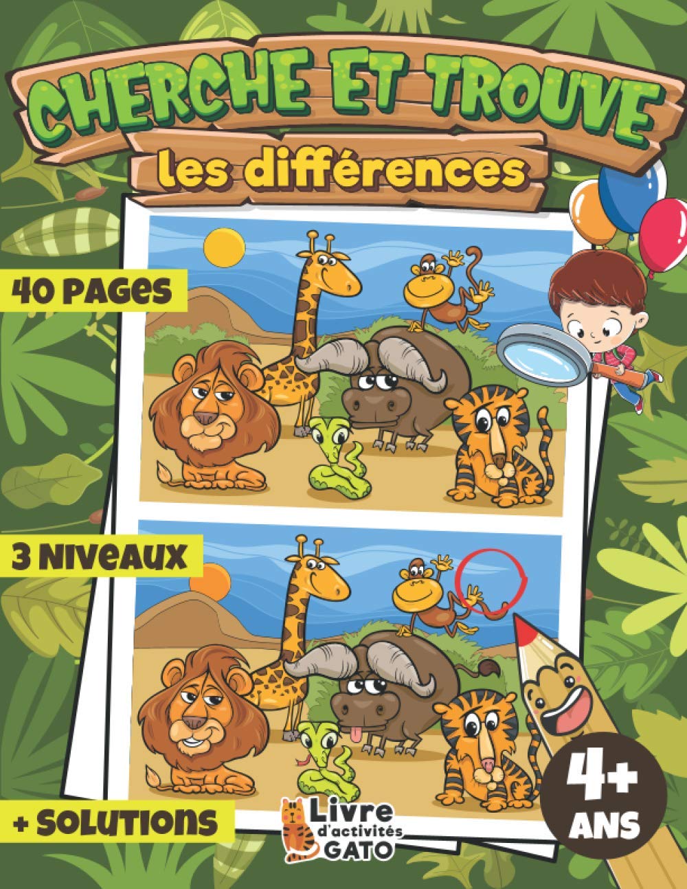 Cherche et trouve 4 ans: Livre géant du jeu cherche les différences pour les enfants de 4 ans - 8 ans. Cherche et trouve les animaux et vehicules. Livre d'activités Gato.