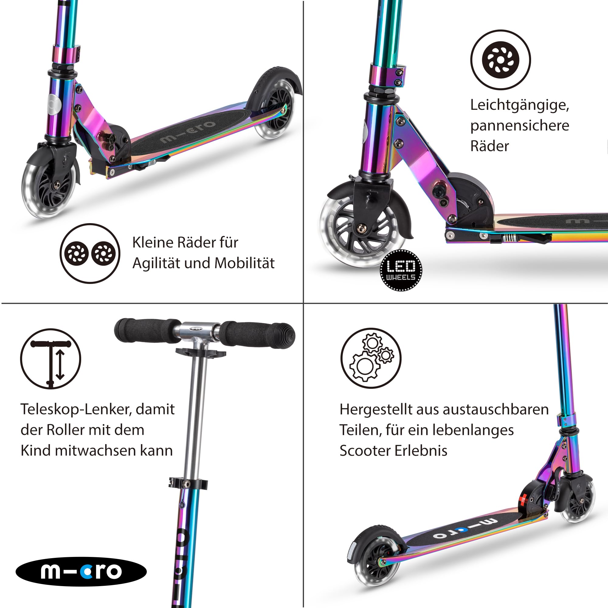 micro™ Sprite LED Kinderscooter | Das ORIGINAL | Kinder Cityroller mit LED-Rollen | klappbar und höhenverstellbar | ab 5 Jahre | Tretroller inkl. Sicherheitsweste