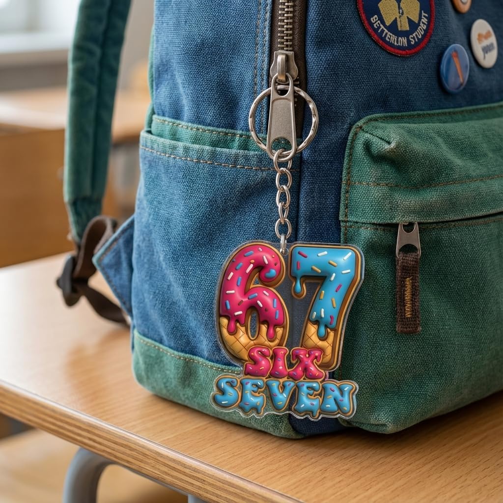 67 Meme Keychain - Funny 6 7 Keychains - Backpack & Bag Charm Accessory - Trendy Six Seven Gift for Teens Kids - Image 3