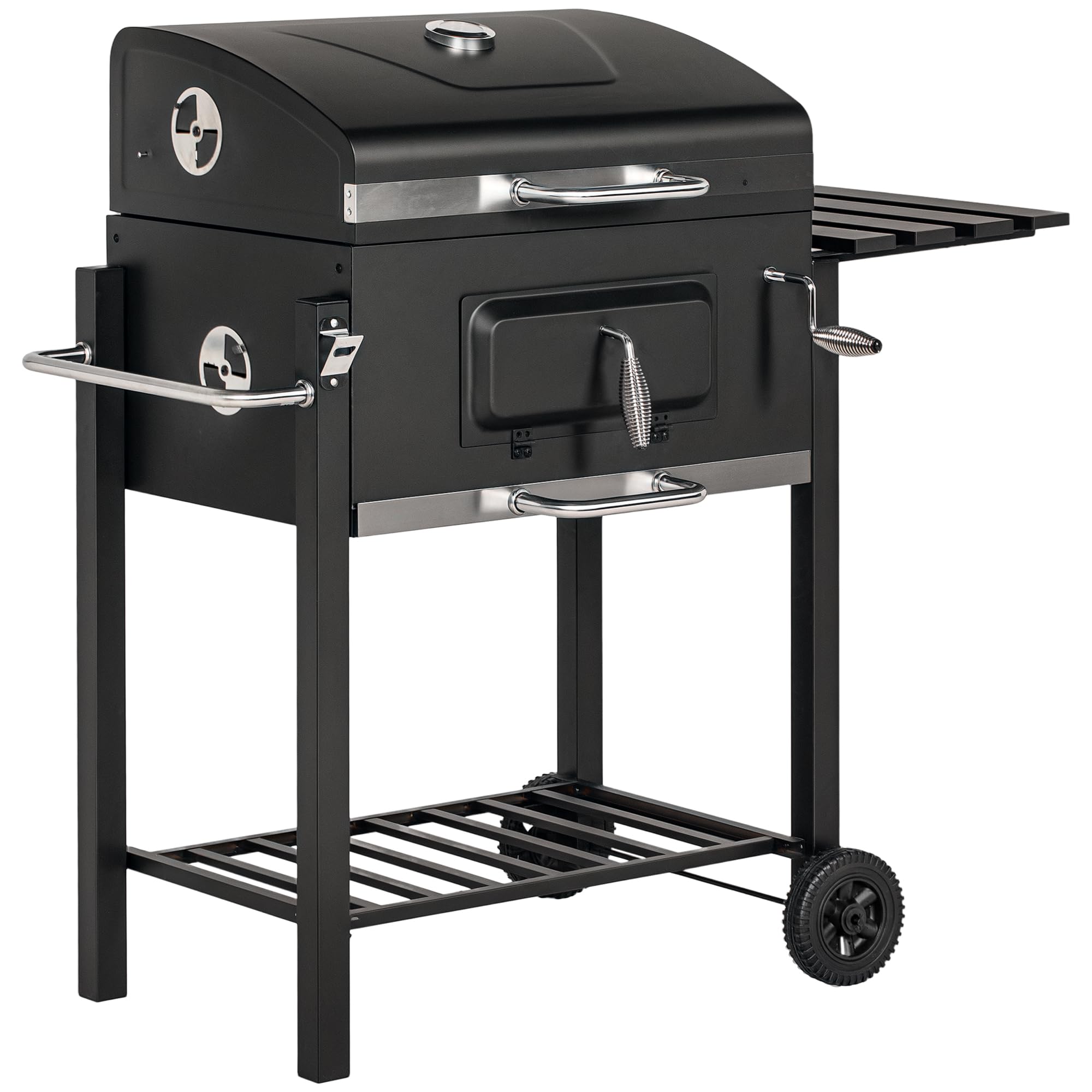 Outsunny Grill na węgiel drzewny ze stali nierdzewnej, BBQ Smoker z pokrywką, termometrem, kółkami, wanną węglową, uchwytem, półką, na wózek węglowy, grill stojący, na kemping, do ogrodu, 115 x 67 x