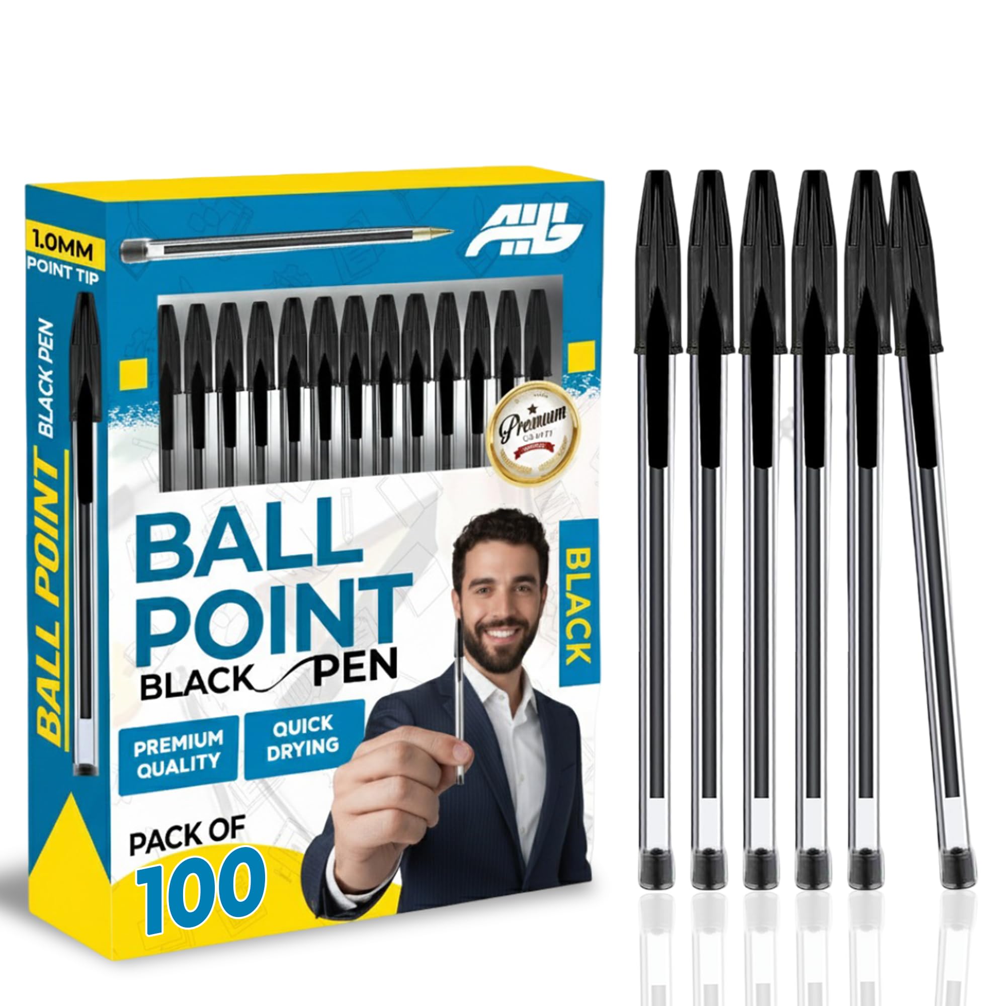 AHG 100 Pack Black Ballpoint Pens – Medium Tip 1.0mm for Smooth Writing – Smudge-Free Quick-Dry Ink – Comfortable Grip Bulk Pens for Office, School, Exams, Journaling & Everyday Use