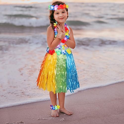 Miniatura 14 de Fortuning's JDS Falda hawaiana de hierba hula para niña, con flores elásticas a juego, juego de disfraz para fiesta de playa tropical Luau